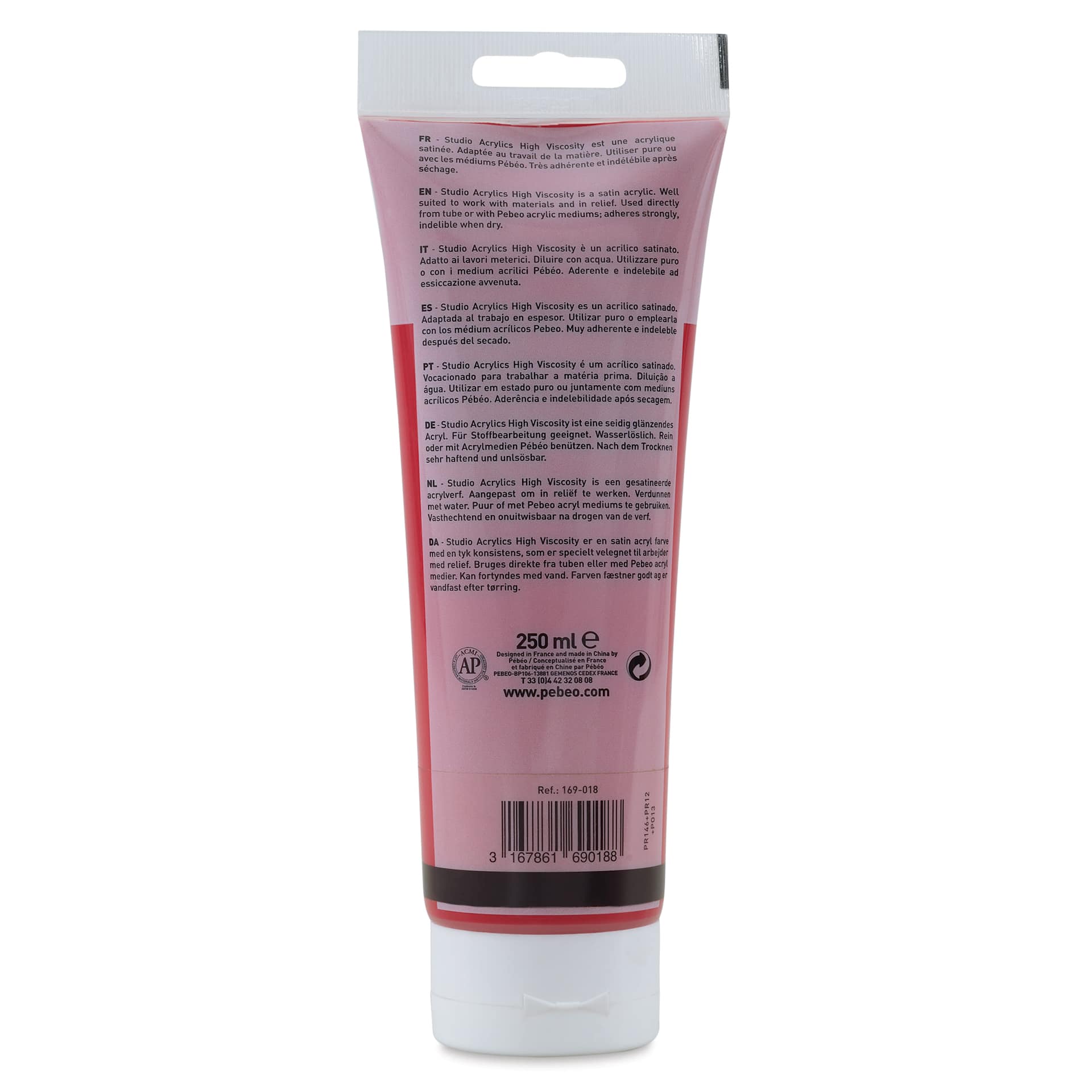 Pebeo High Viscosity Acrylics - Naphthol Carmine, back of 250 ml Tube