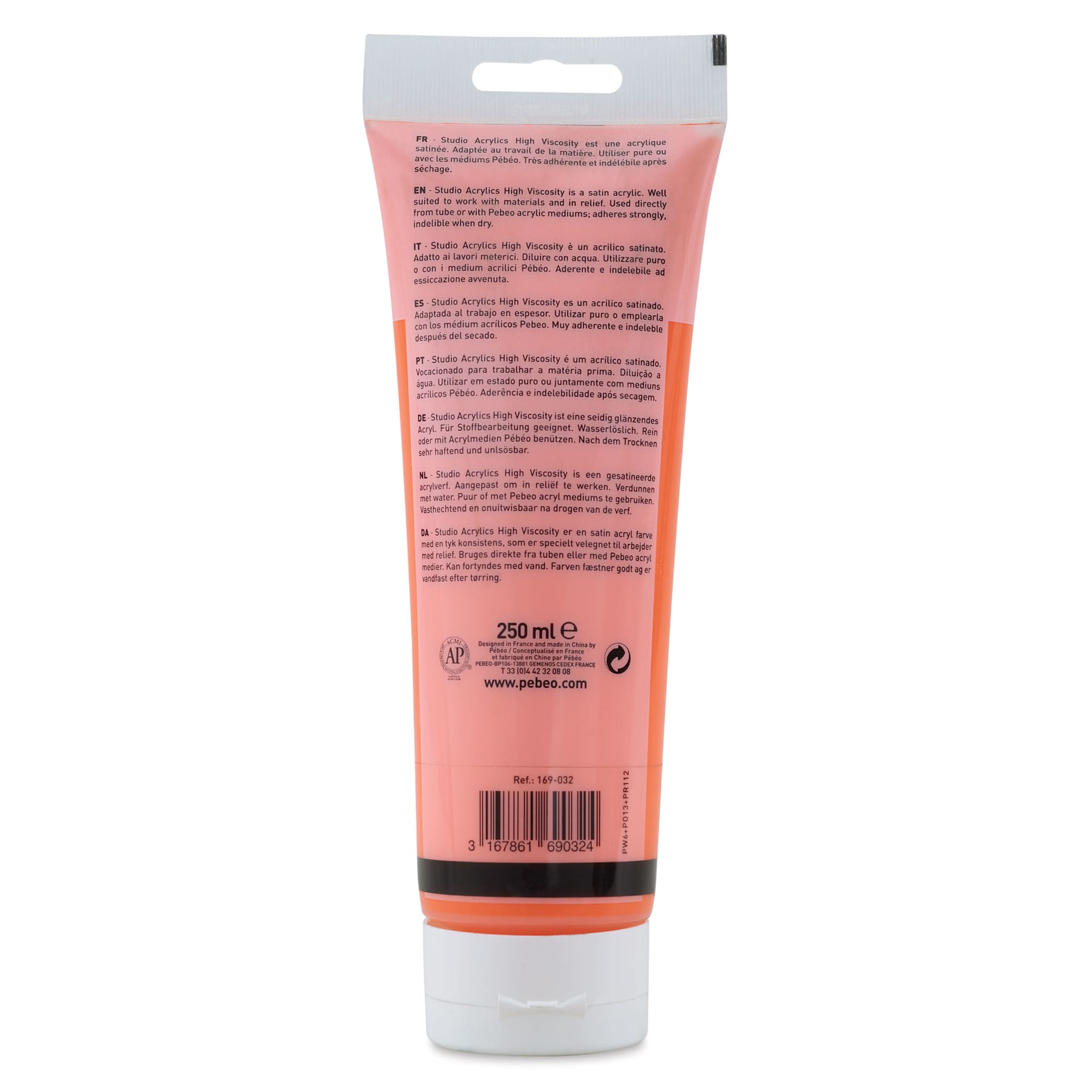 Pebeo High Viscosity Acrylics - Cadmium Orange Hue, back of 250 ml Tube
