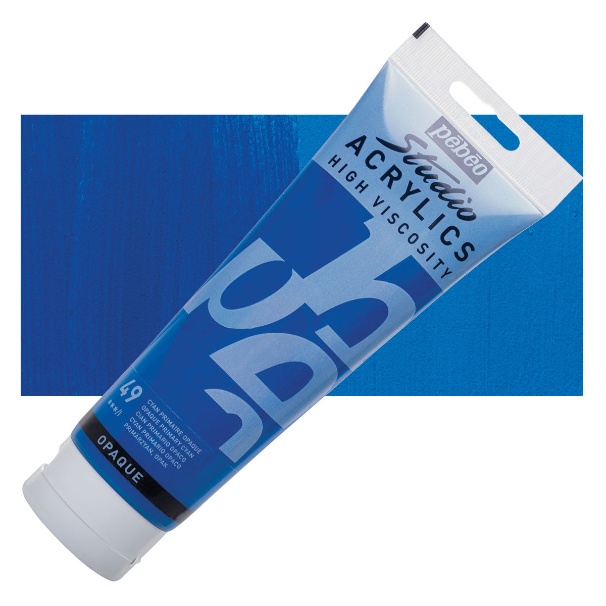 Pebeo High Viscosity Acrylic - Opaque Primary Cyan, 250 ml, Swatch with Tube