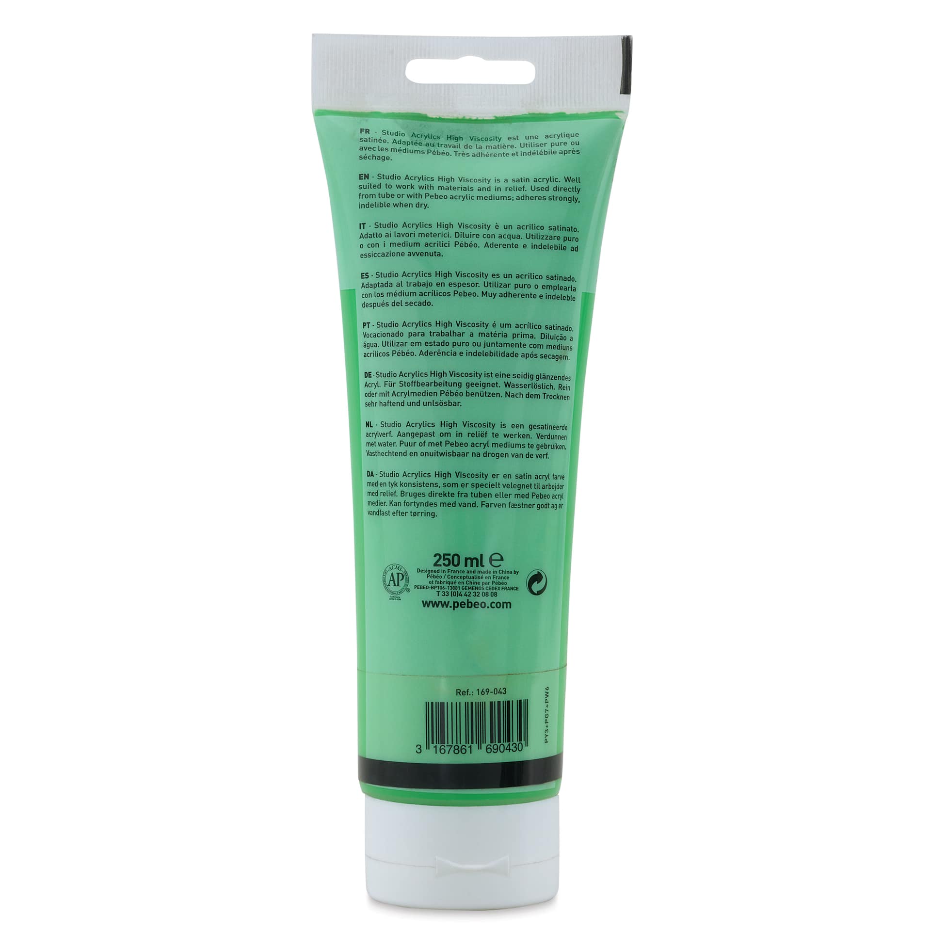 Pebeo High Viscosity Acrylics - Cadmium Green Hue, back of 250 ml Tube