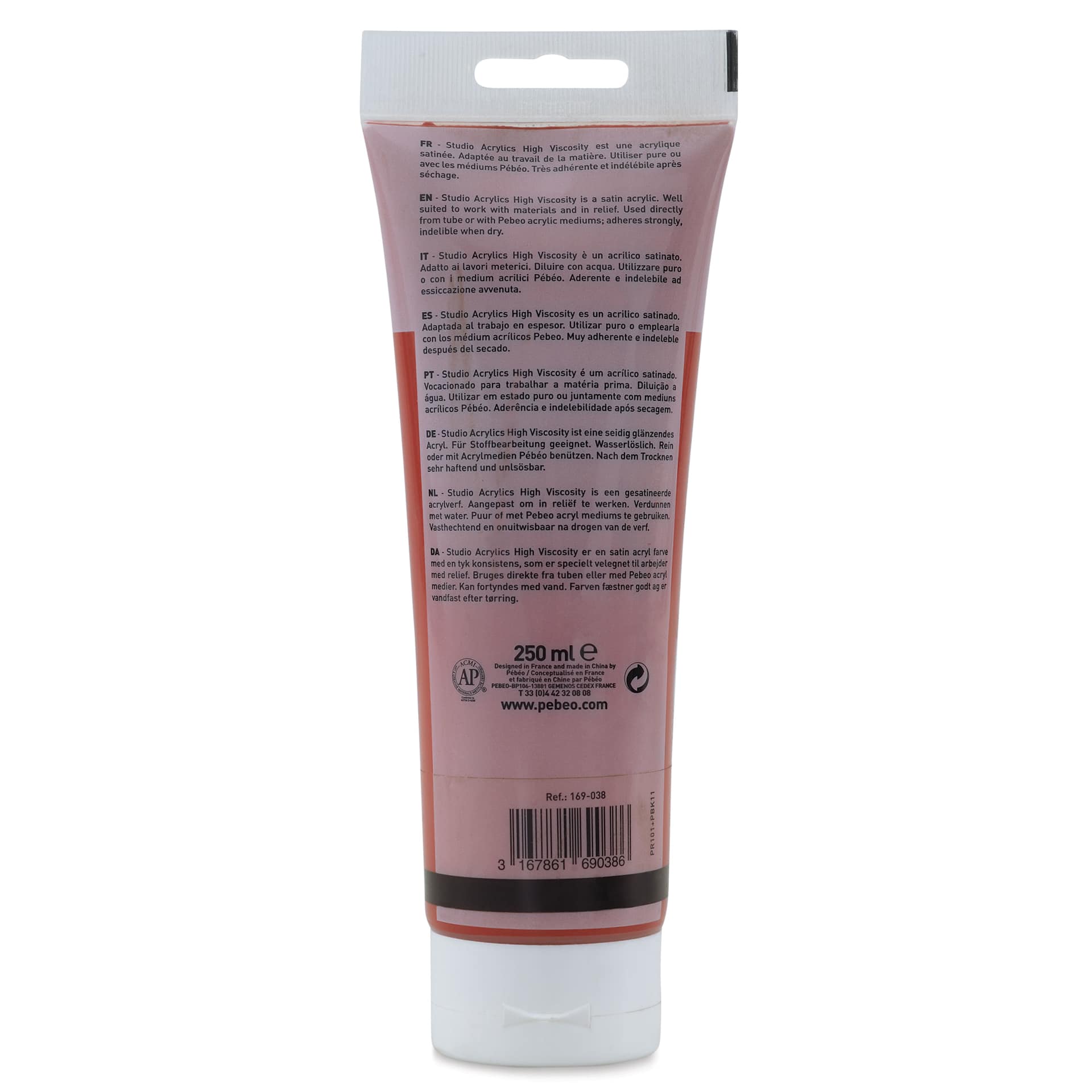 Pebeo High Viscosity Acrylics - Burnt Sienna, back of 250 ml Tube
