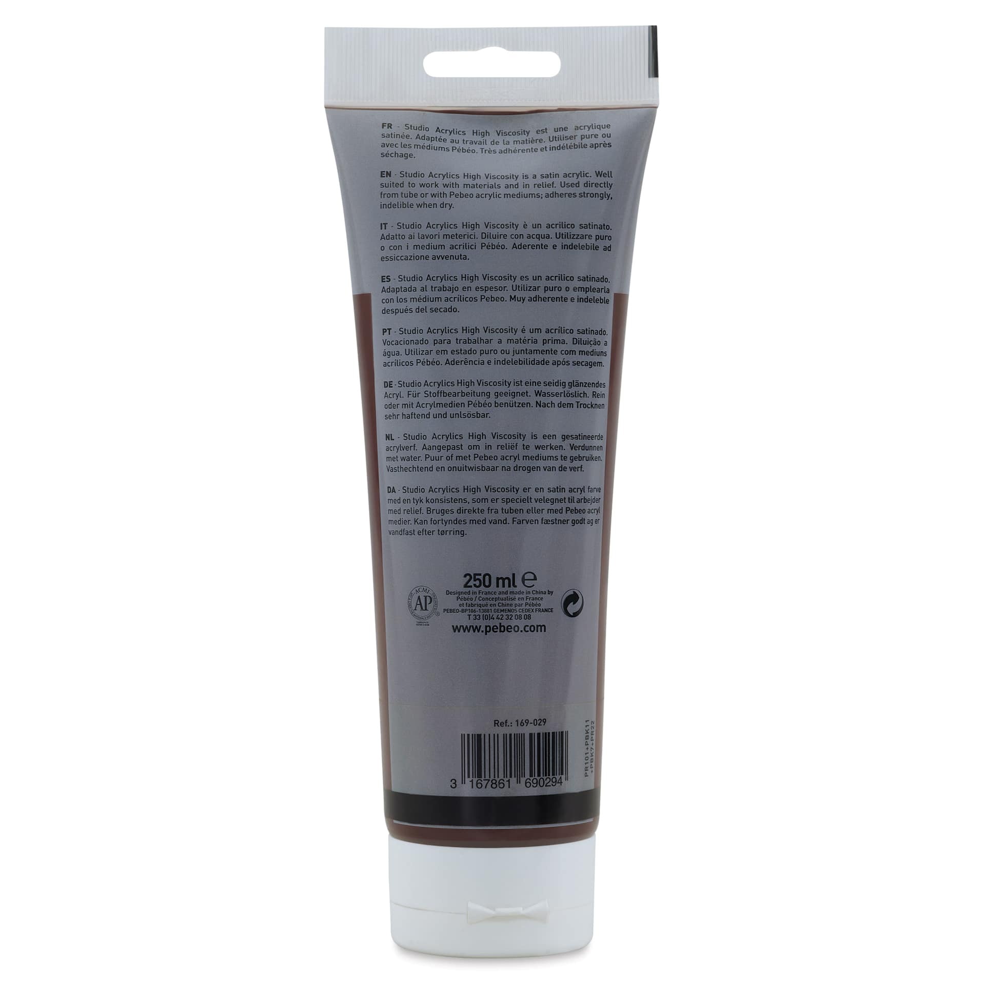 Pebeo High Viscosity Acrylics - Burnt Umber, back of 250 ml Tube