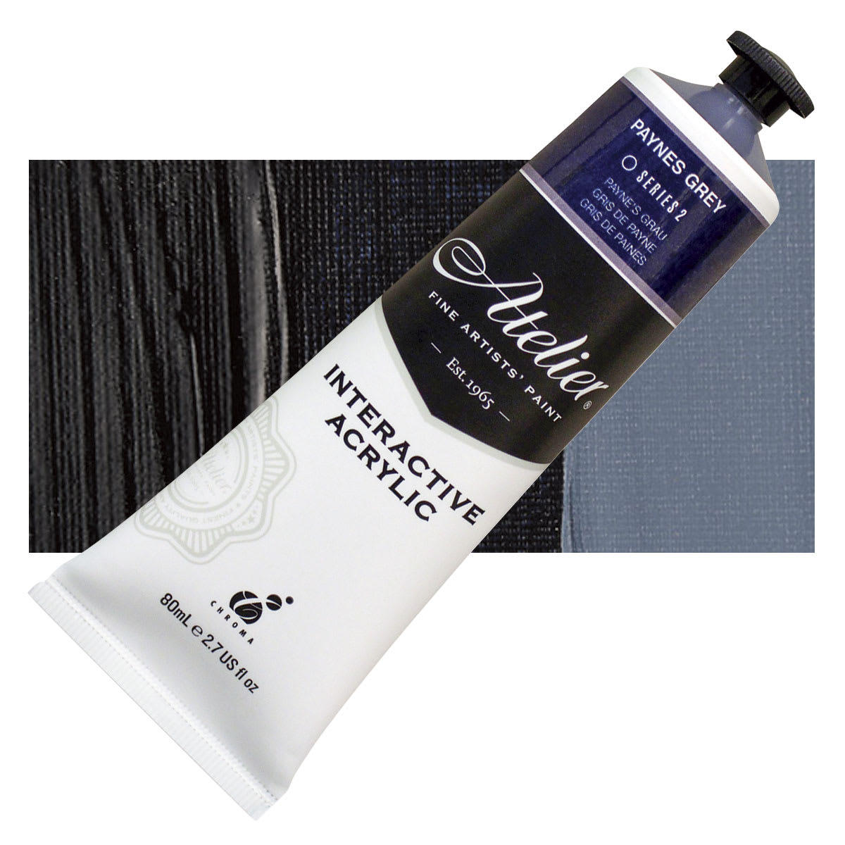 Chroma Atelier Interactive Artists' Acrylic - Paynes Grey, 80 ml tube and swatch
