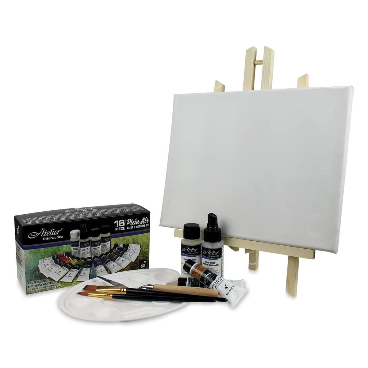Chroma Atelier Interactive Artists' Acrylics - Plein Air Painting Set, Set of 12 colors (Two tubes of paint, thick slow medium, and fine mist water sprayer shown with sample canvas, easel, paint palette, palette knife, and brushes)