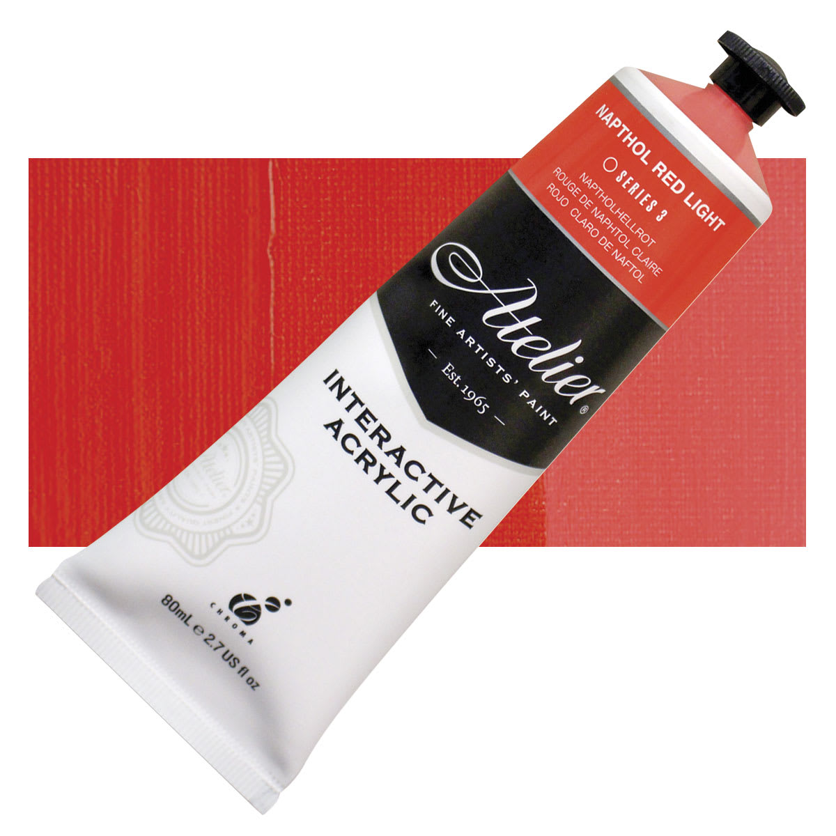 Chroma Atelier Interactive Artists' Acrylic - Napthol Red Light, 80 ml tube and swatch