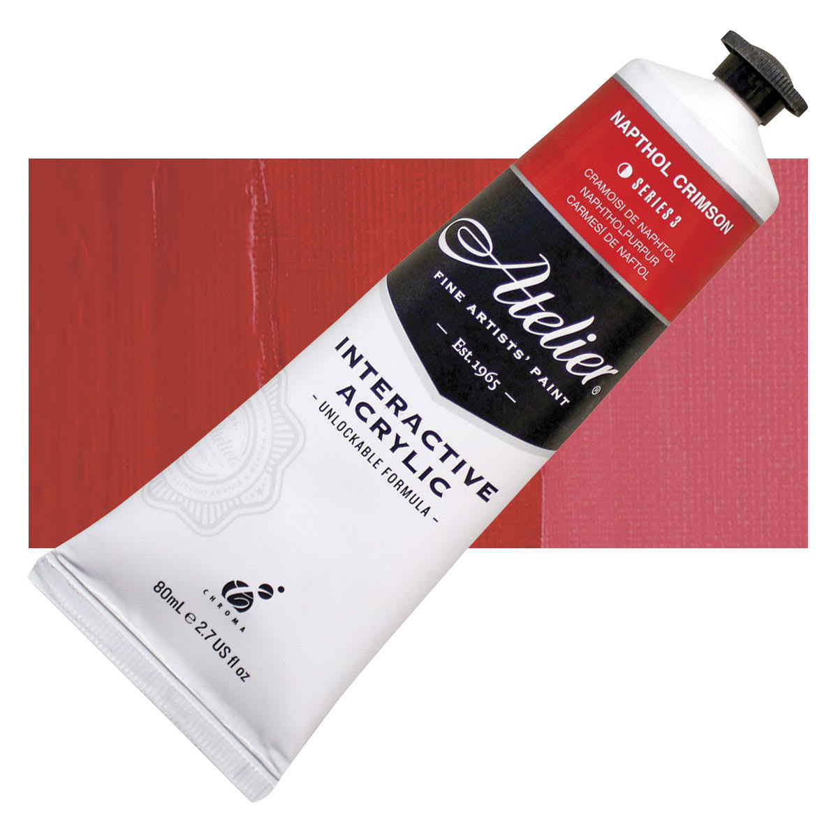 Chroma Atelier Interactive Artists' Acrylic - Napthol Crimson, 80 ml tube and swatch
