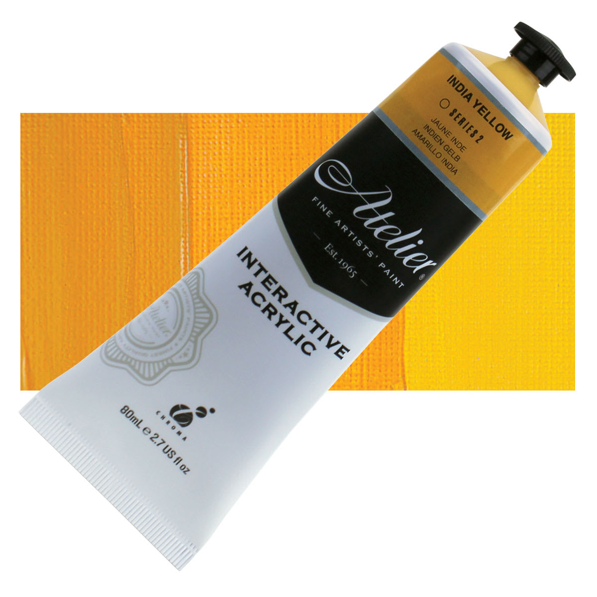 Chroma Atelier Interactive Artists' Acrylic - India Yellow, 80 ml tube and swatch