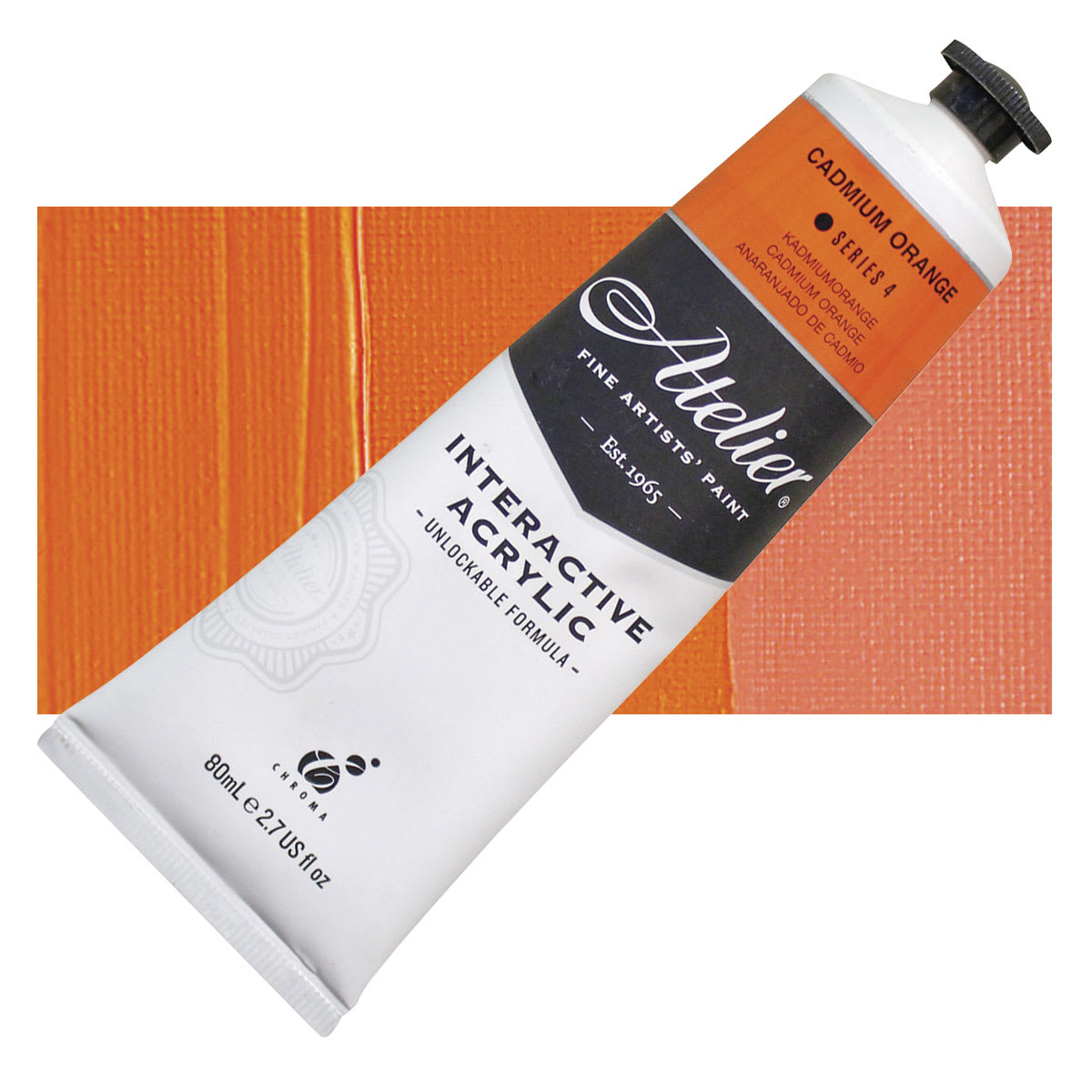 Chroma Atelier Interactive Artists' Acrylic - Cadmium Orange, 80 ml tube and swatch