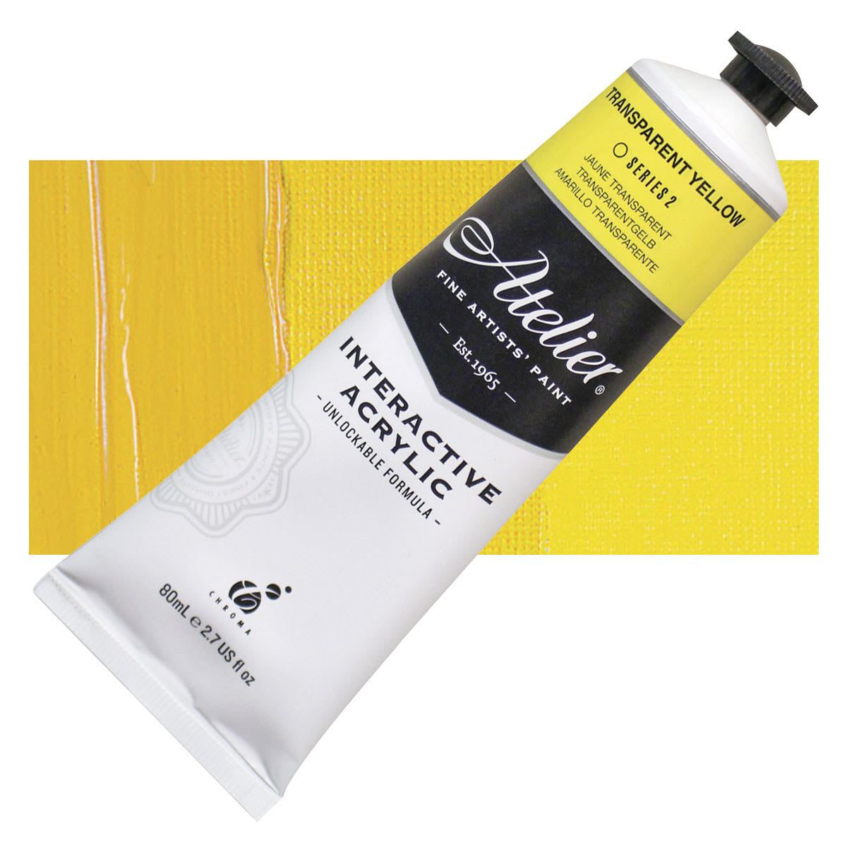 Chroma Atelier Interactive Artists' Acrylic - Transparent Yellow, 80 ml tube and swatch
