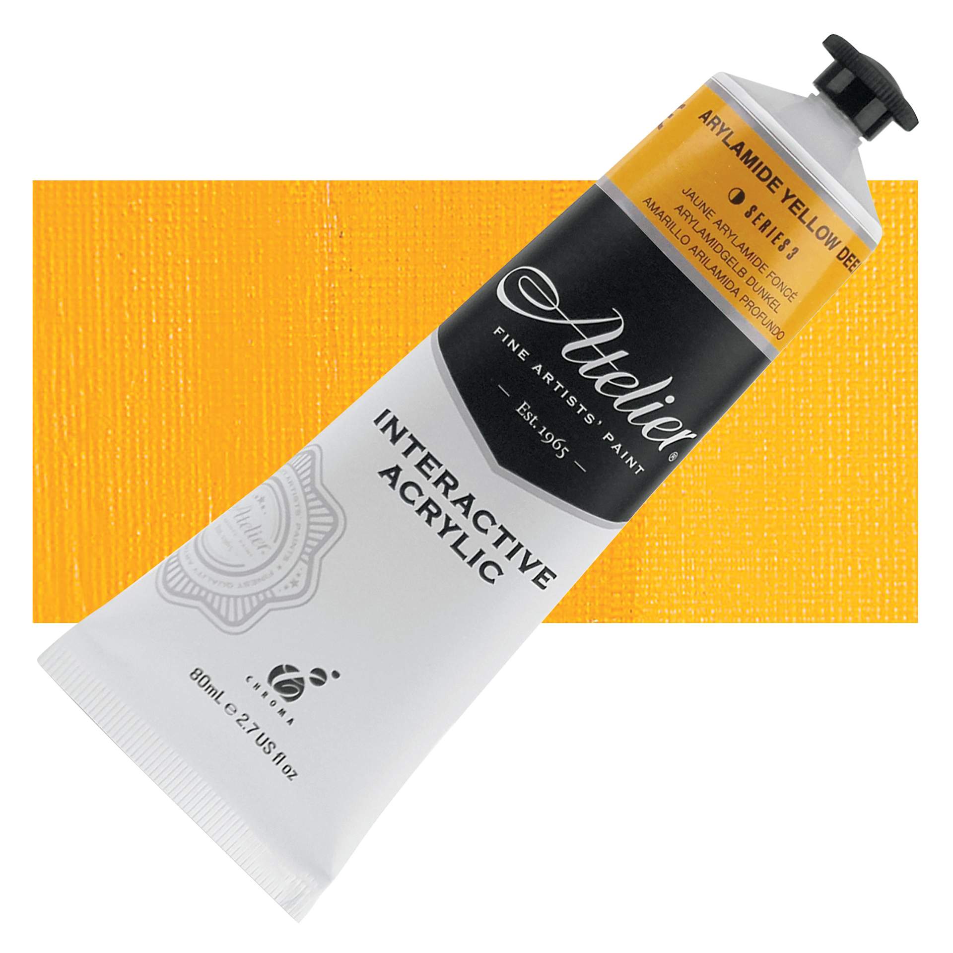 Chroma Atelier Interactive Artists' Acrylic - Arylamide Yellow Deep, 80 ml tube and swatch