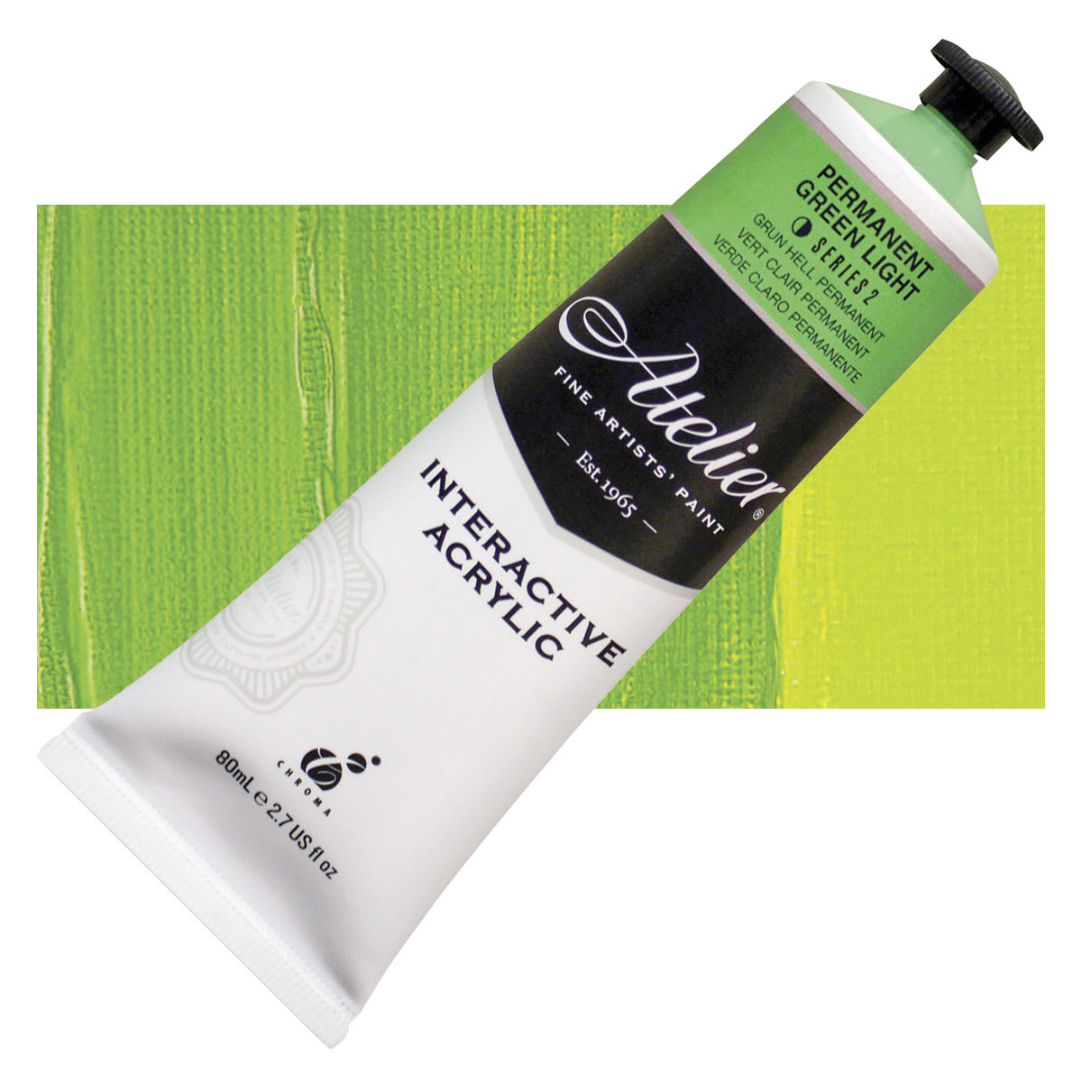 Chroma Atelier Interactive Artists' Acrylic - Permanent Green Light, 80 ml tube and swatch