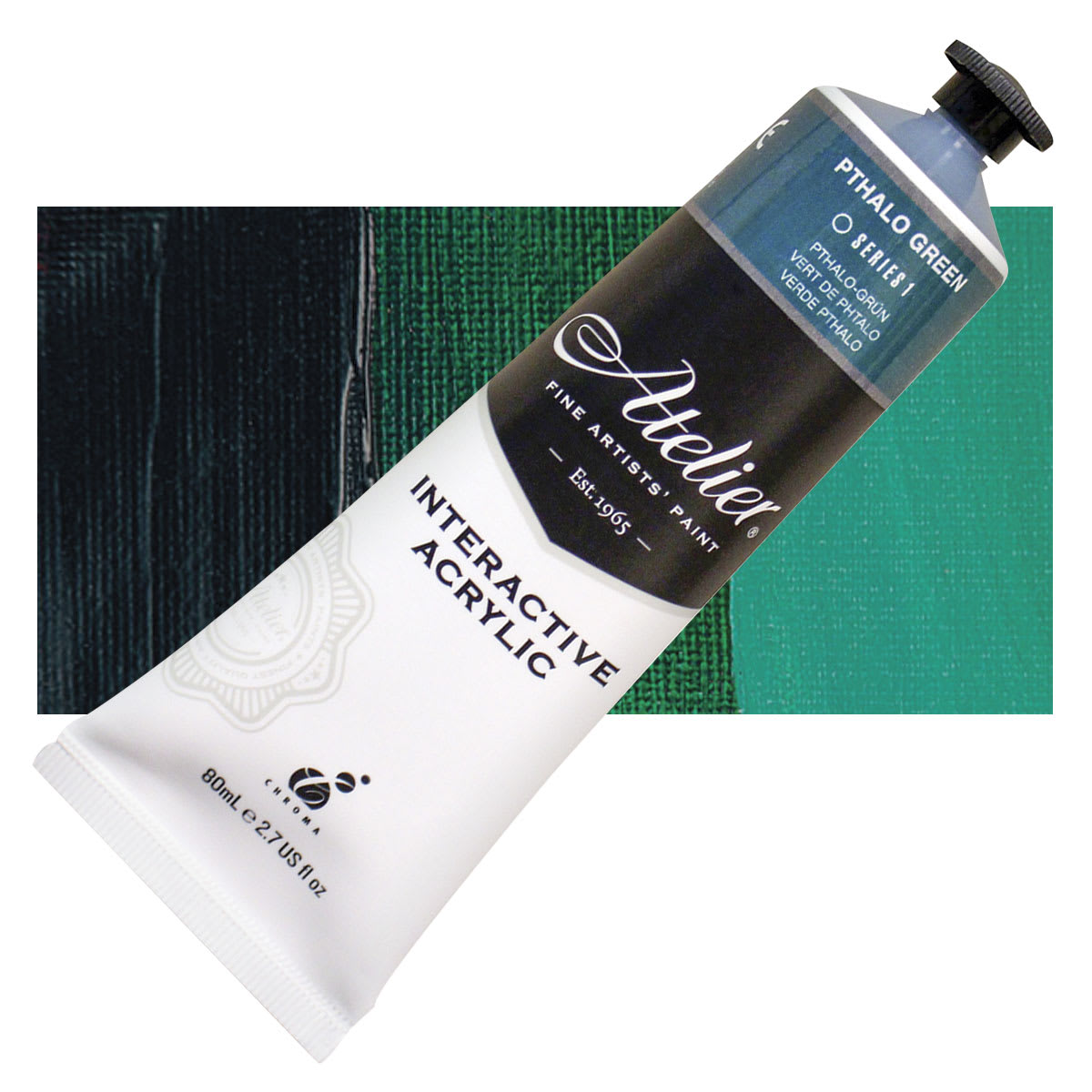 Chroma Atelier Interactive Artists' Acrylic - Pthalo Green, 80 ml tube and swatch
