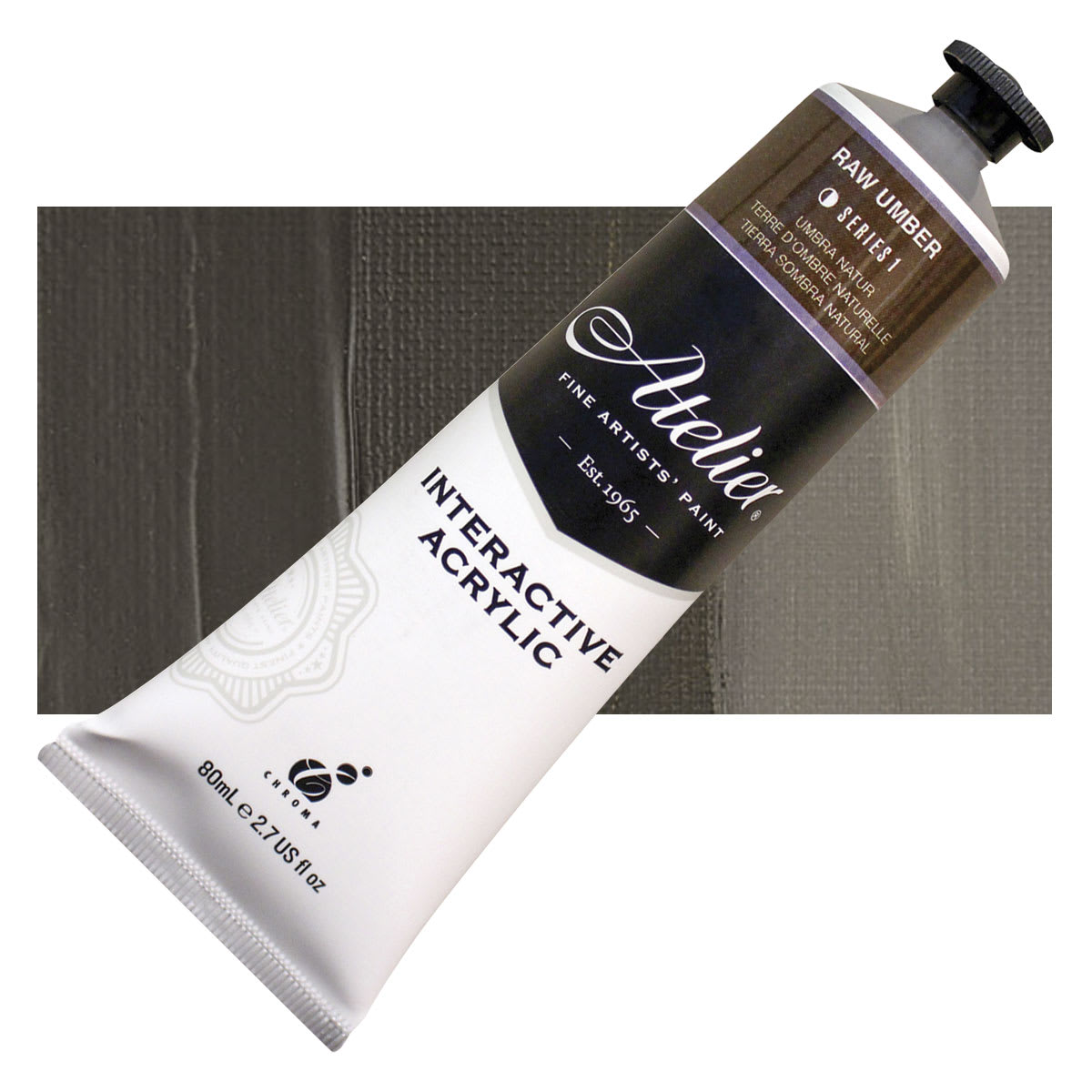 Chroma Atelier Interactive Artists' Acrylic - Raw Umber, 80 ml tube and swatch
