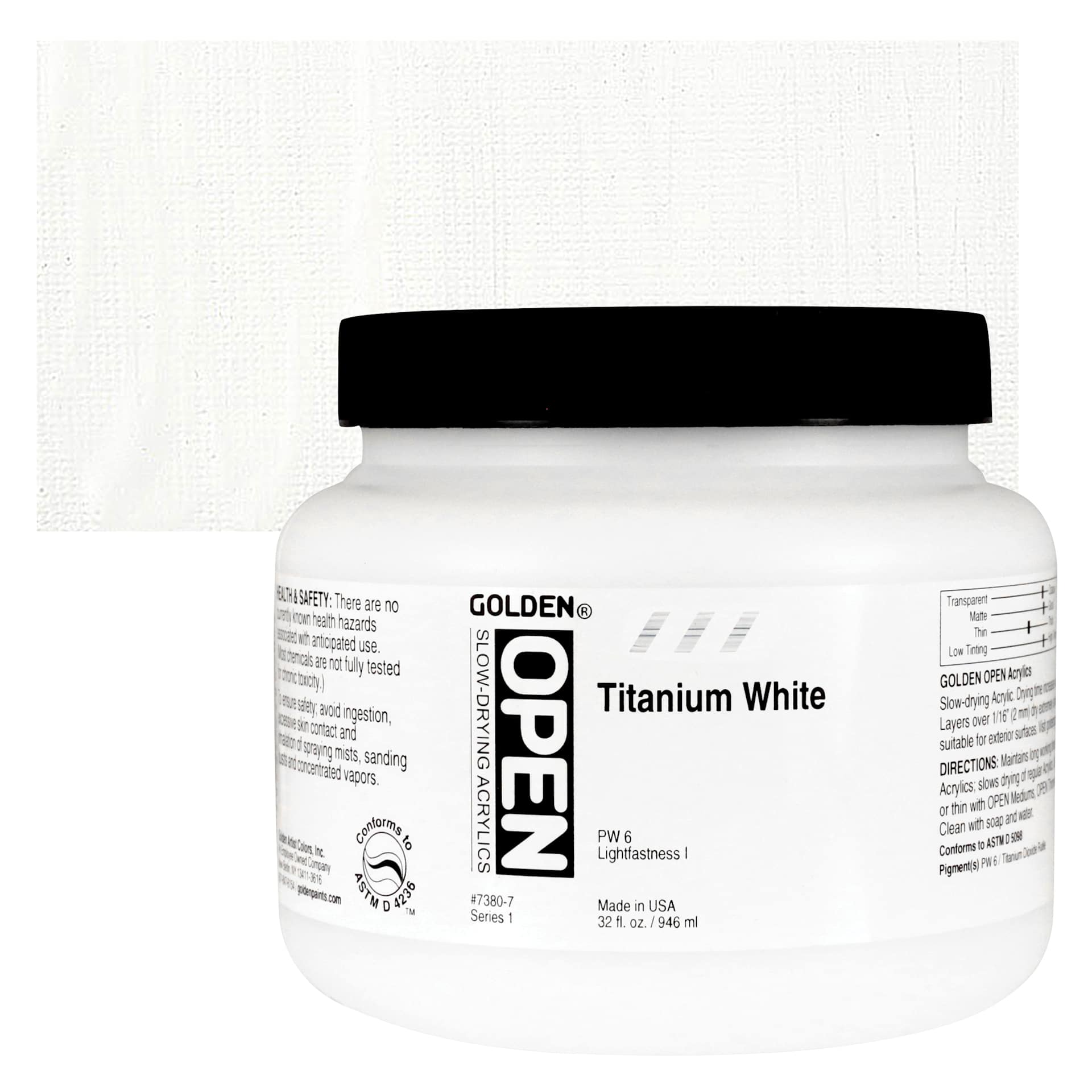 Golden Open Acrylic - Titanium White, 32 oz Jar and swatch