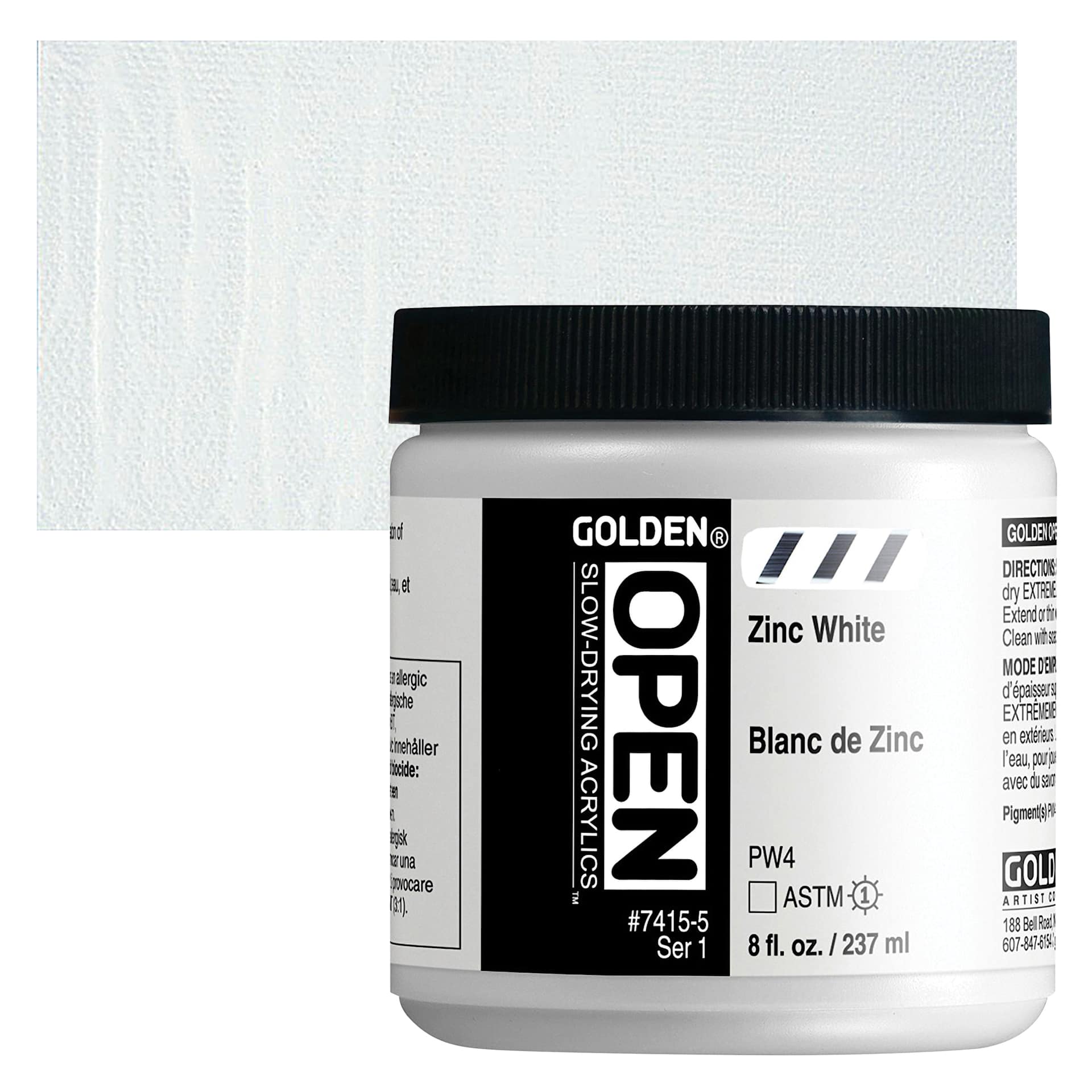 Golden Open Acrylic - Zinc White, 8 oz Jar and swatch