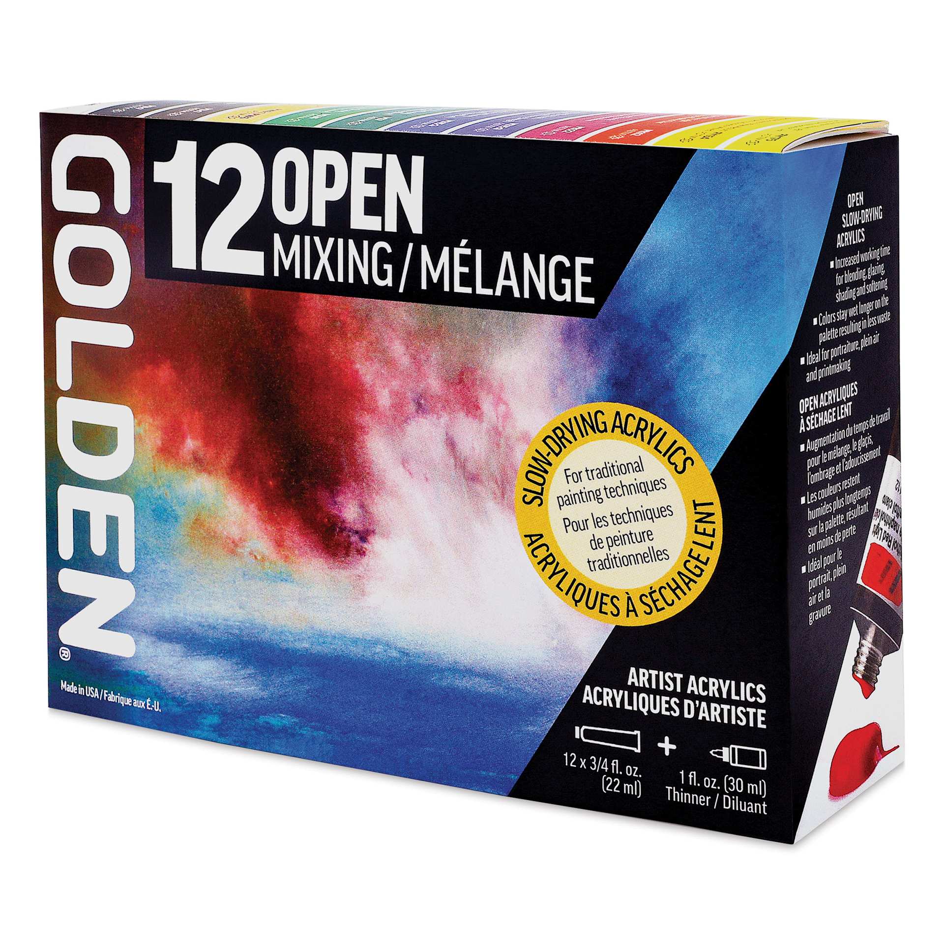 Golden Open Acrylics - Mixing Colors, Set of 12 with Thinner, 22 ml
