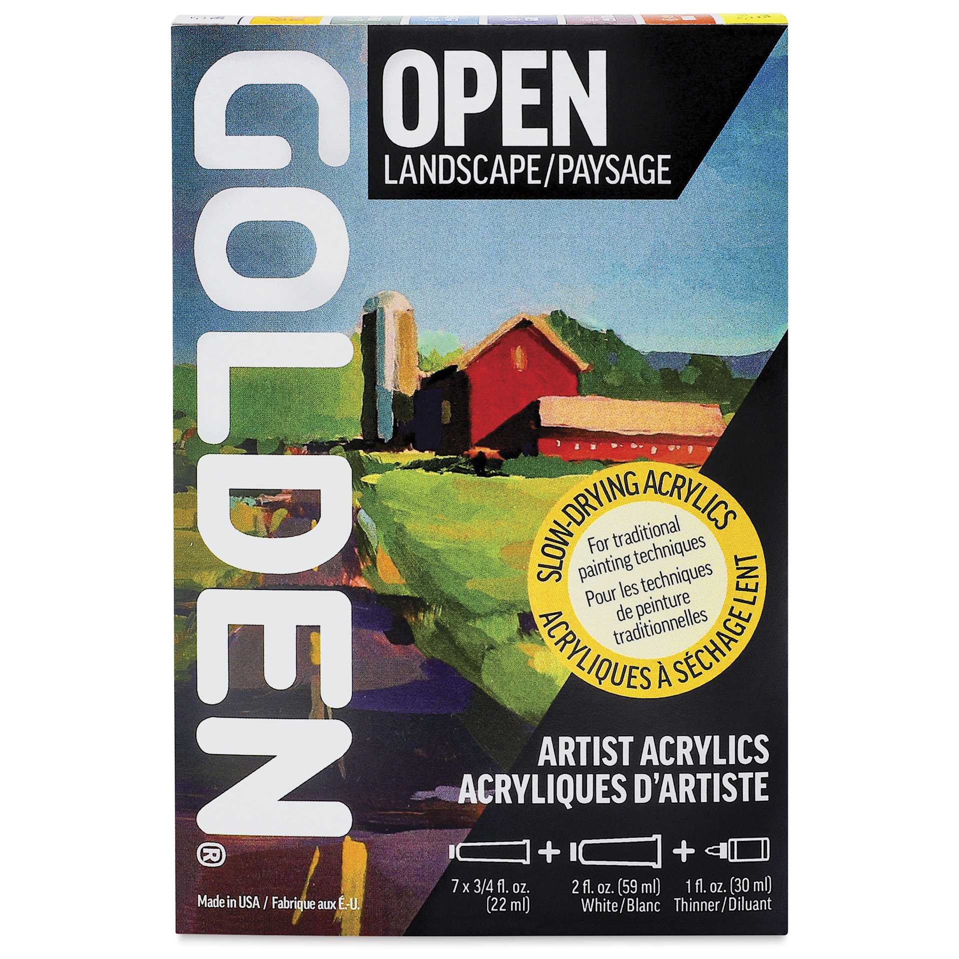 Golden Open Acrylics - Landscape Colors, Set of 7 with Thinner, 22 ml, front of packaging
