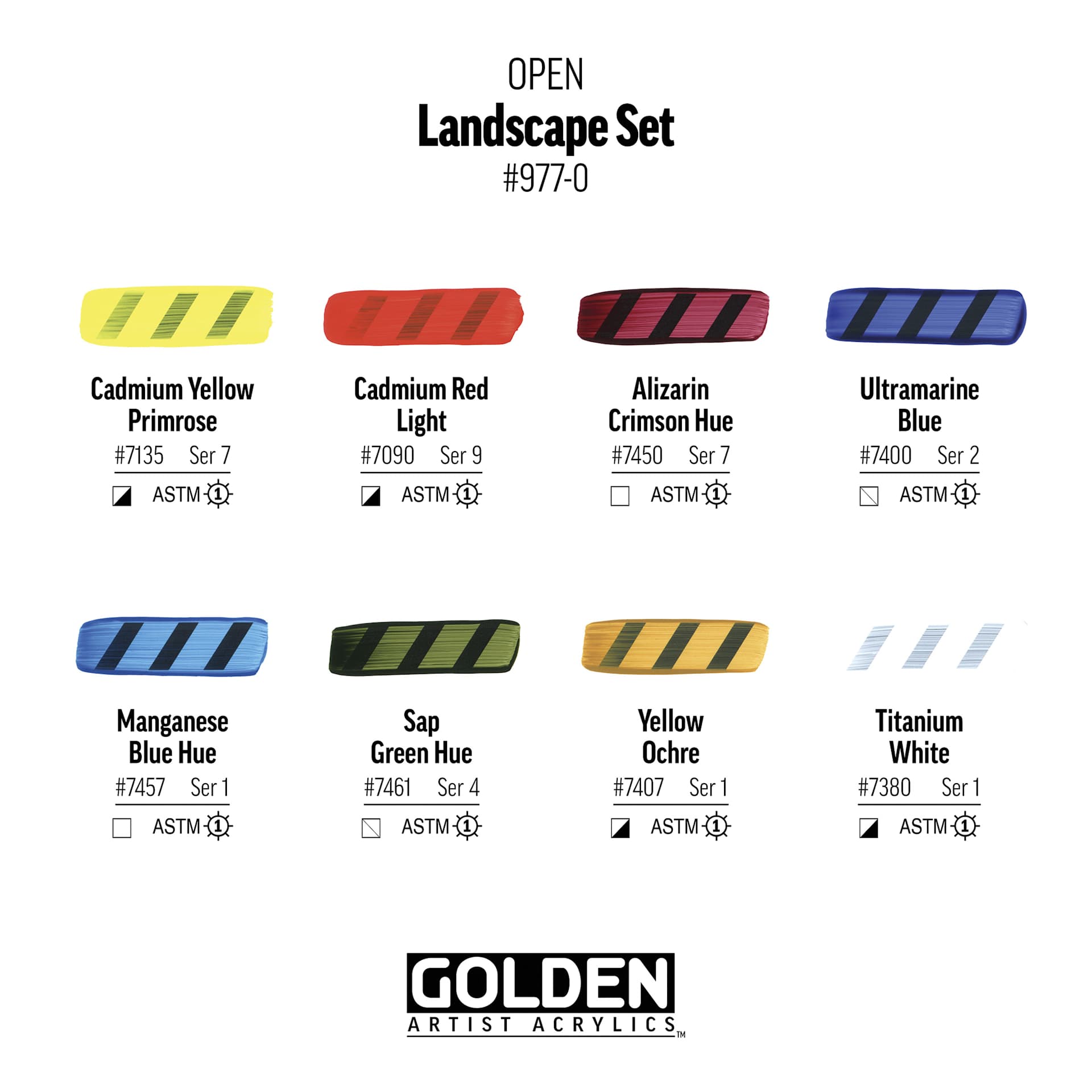 Golden Open Acrylics - Landscape Colors, Set of 7 with Thinner, 22 ml, swatches
