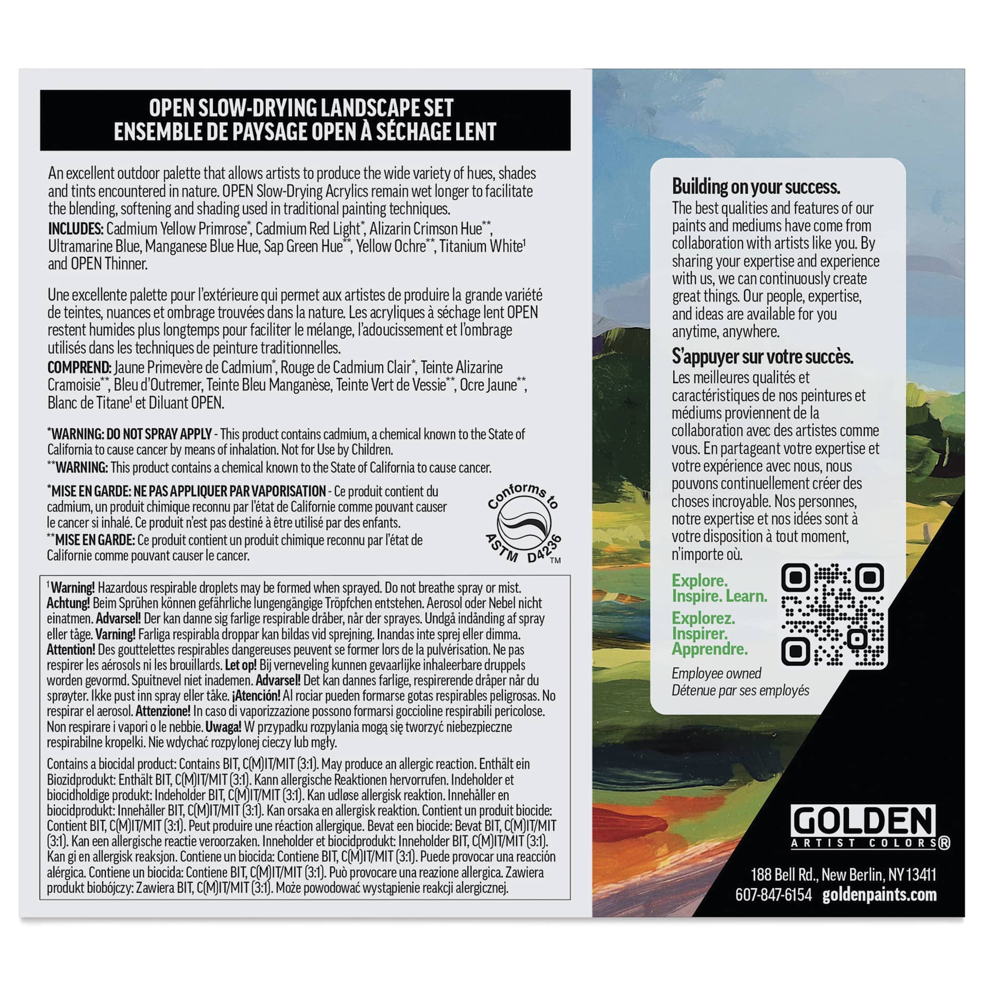Golden Open Acrylics - Landscape Colors, Set of 7 with Thinner, 22 ml, back of packaging