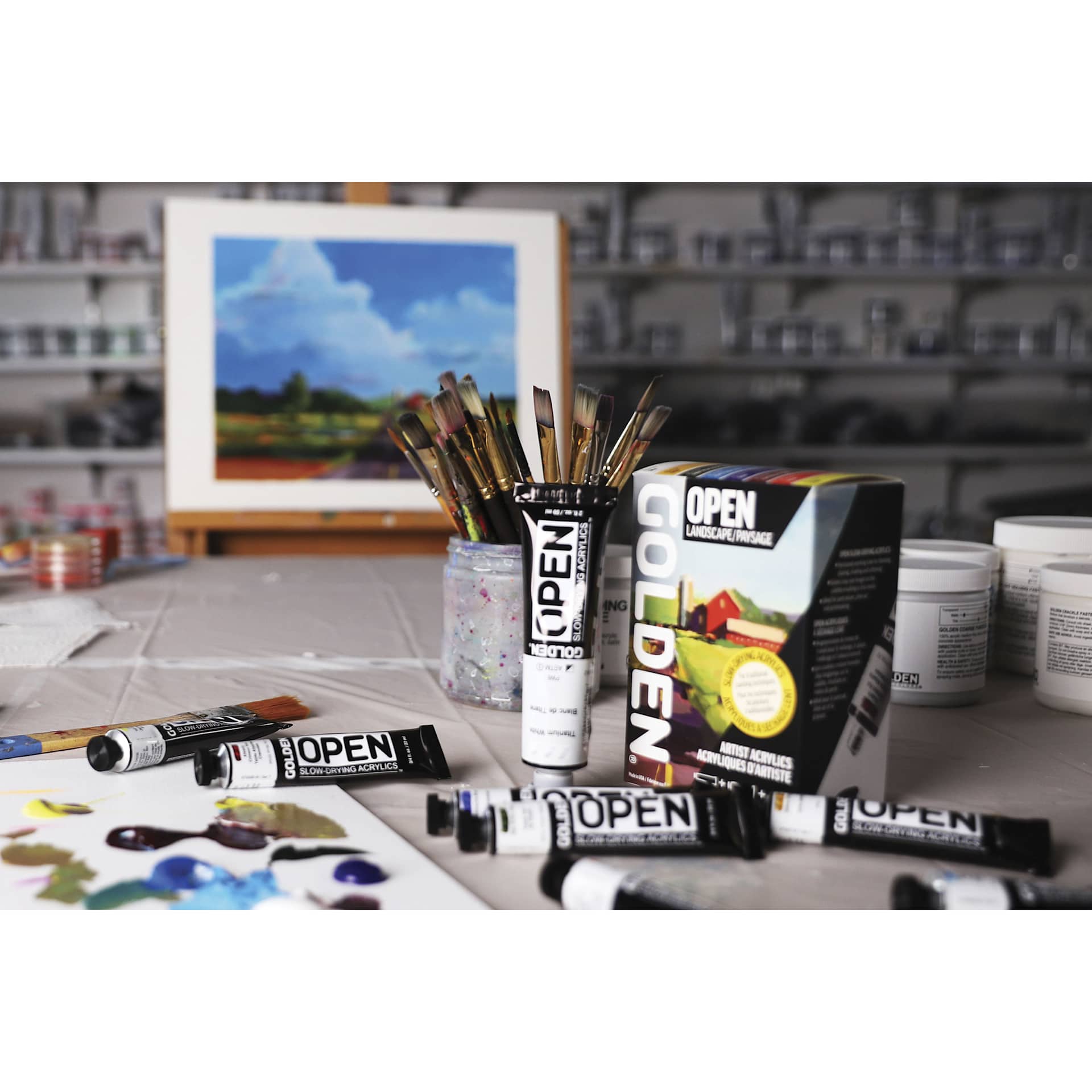 Golden Open Acrylics - Landscape Colors, Set of 7 with Thinner, 22 ml, on desk