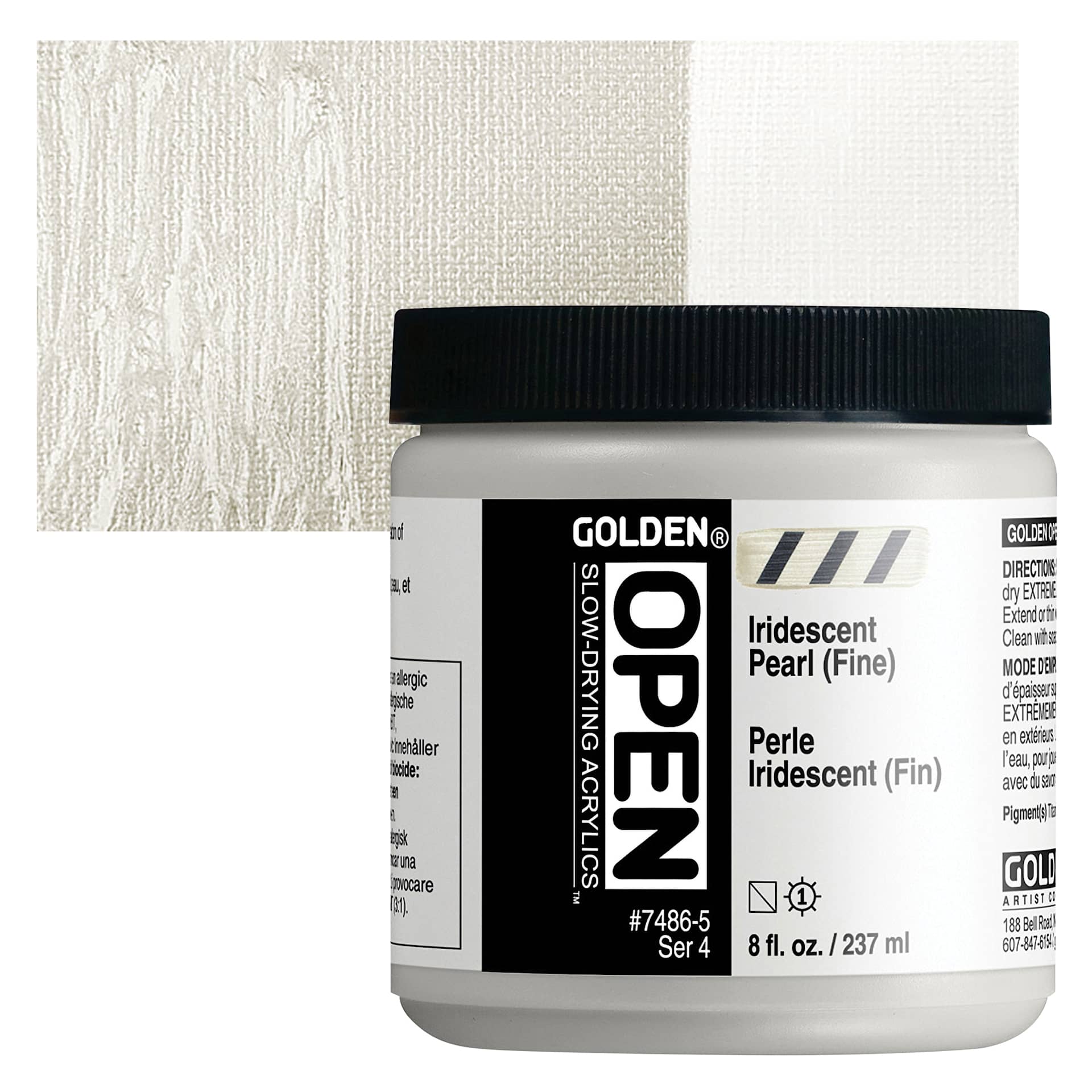 Golden Open Acrylic - Iridescent Pearl (Fine), 8 oz Jar and swatch