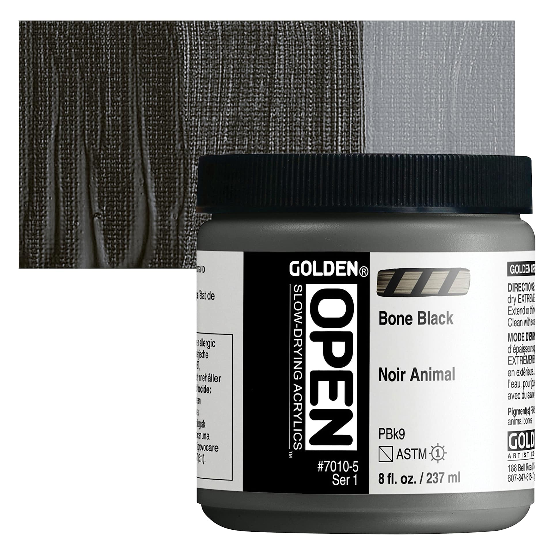 Golden Open Acrylic - Bone Black, 8 oz Jar and swatch