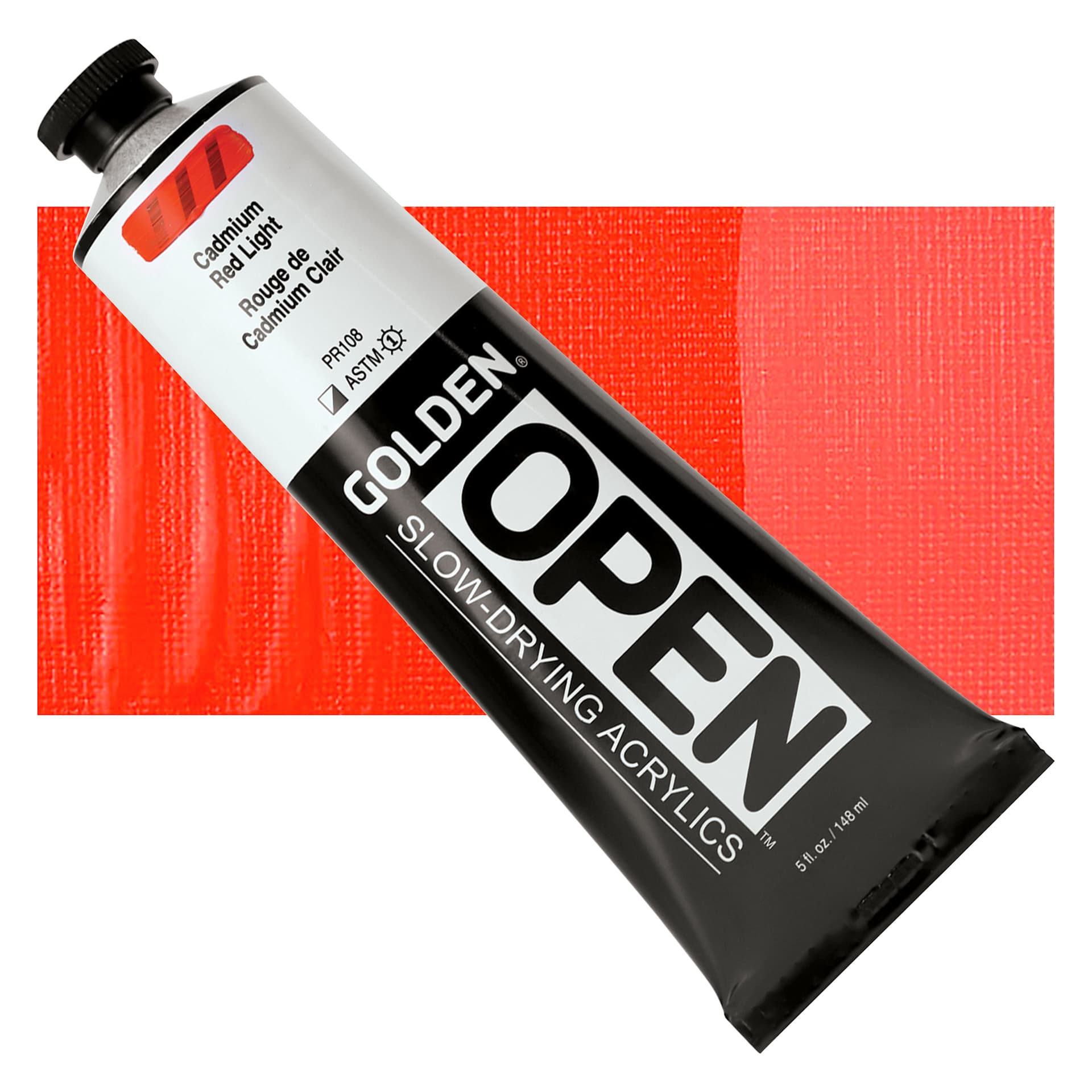Golden Open Acrylic - Cadmium Red Light, 5 oz Tube and swatch
