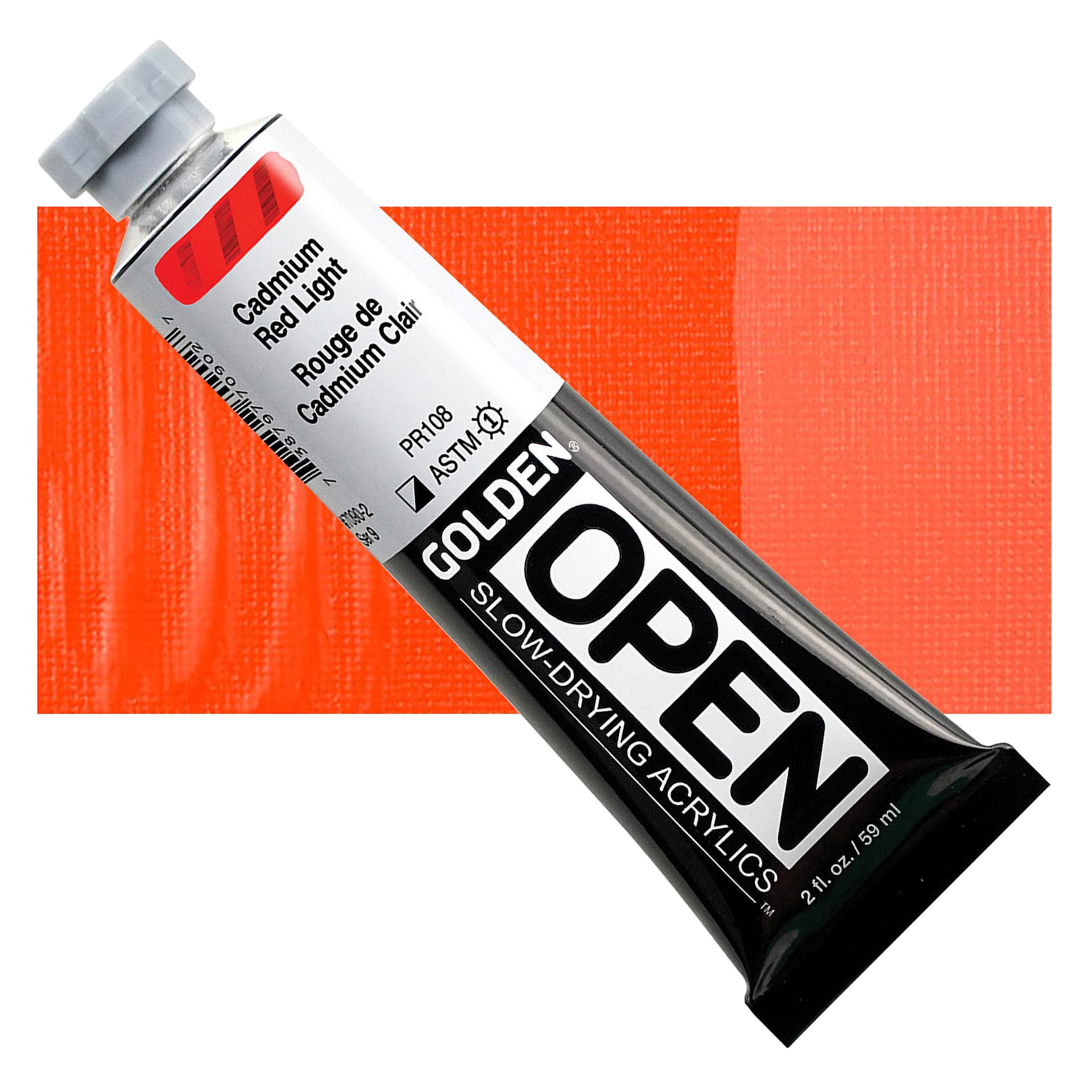 Golden Open Acrylic - Cadmium Red Light, 2 oz Tube and swatch