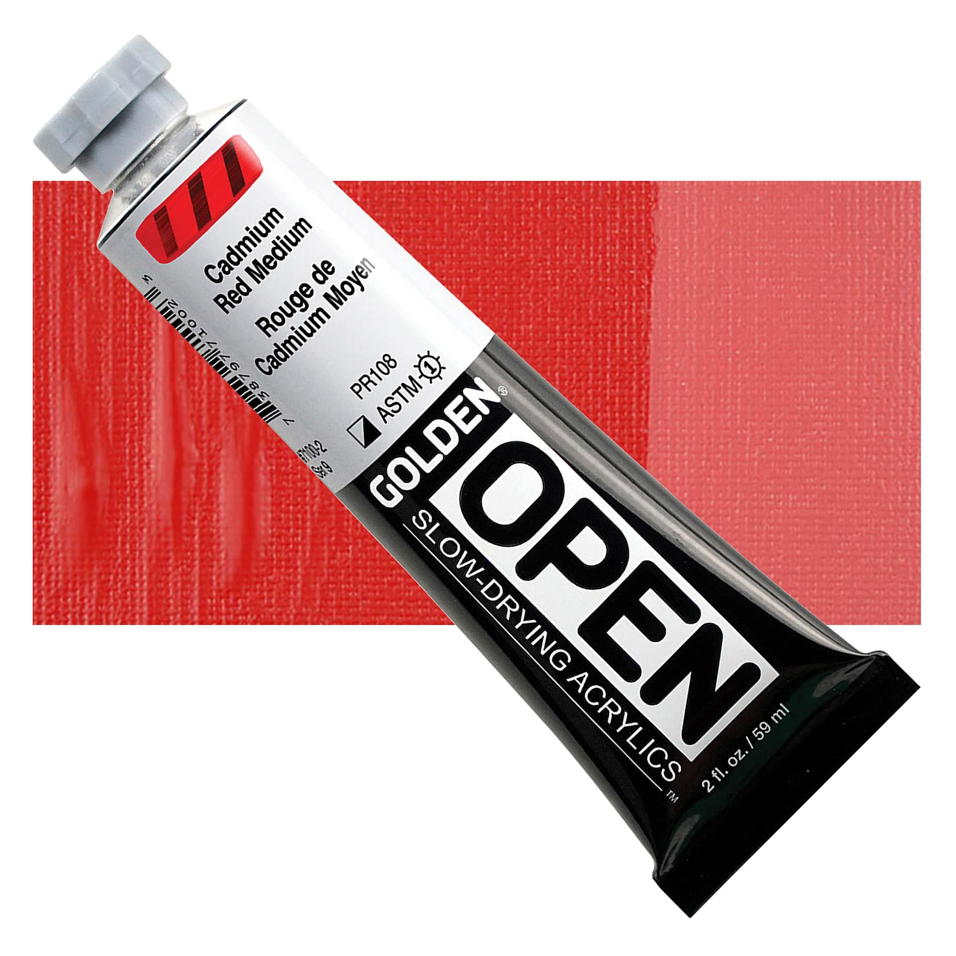 Golden Open Acrylic - Cadmium Red Medium, 2 oz Tube and swatch