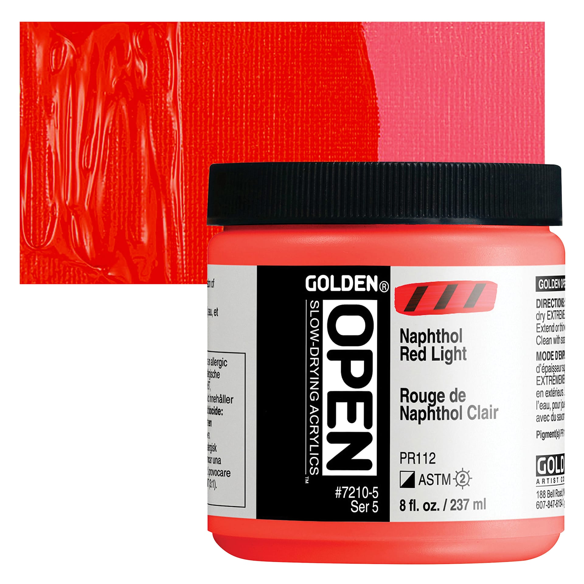Golden Open Acrylic - Naphthol Red Light, 8 oz Jar and swatch