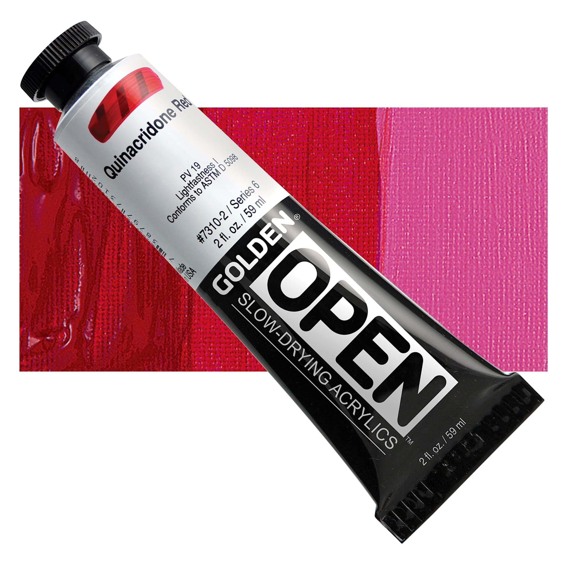 Golden Open Acrylic - Quinacridone Red, 2 oz Tube and swatch