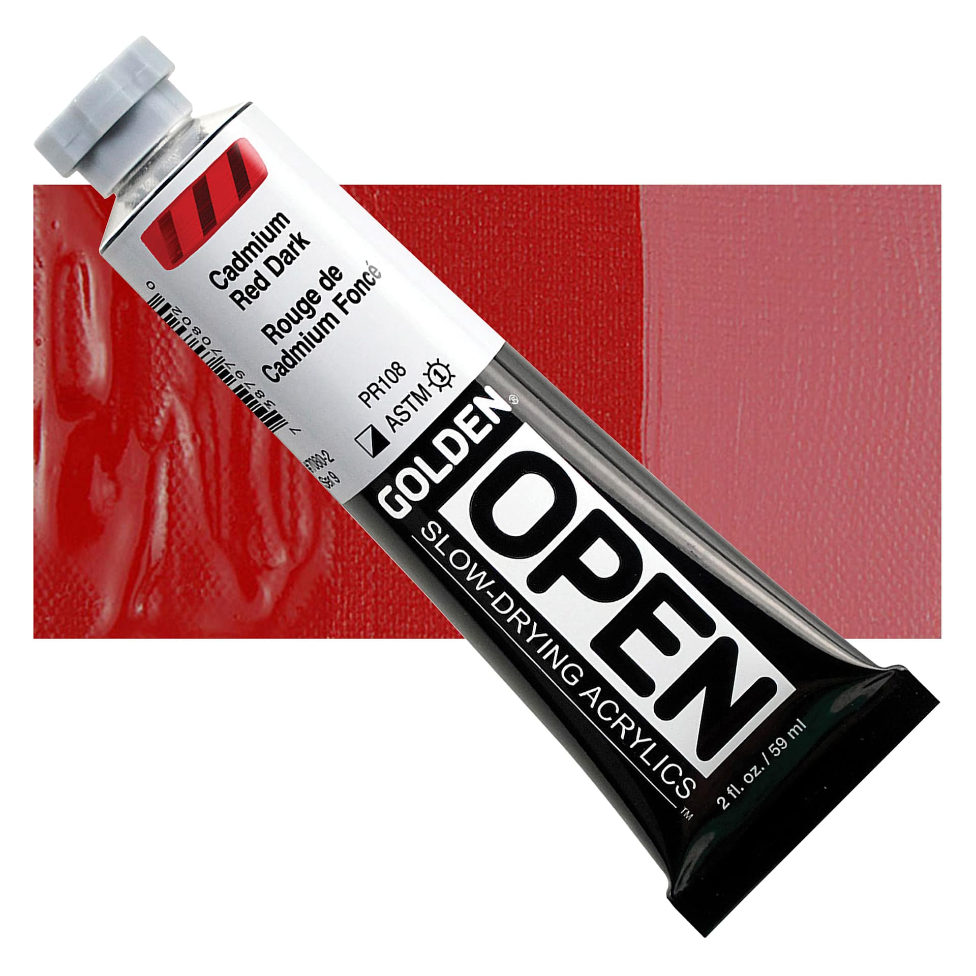Golden Open Acrylic - Cadmium Red Dark, 2 oz Tube and swatch