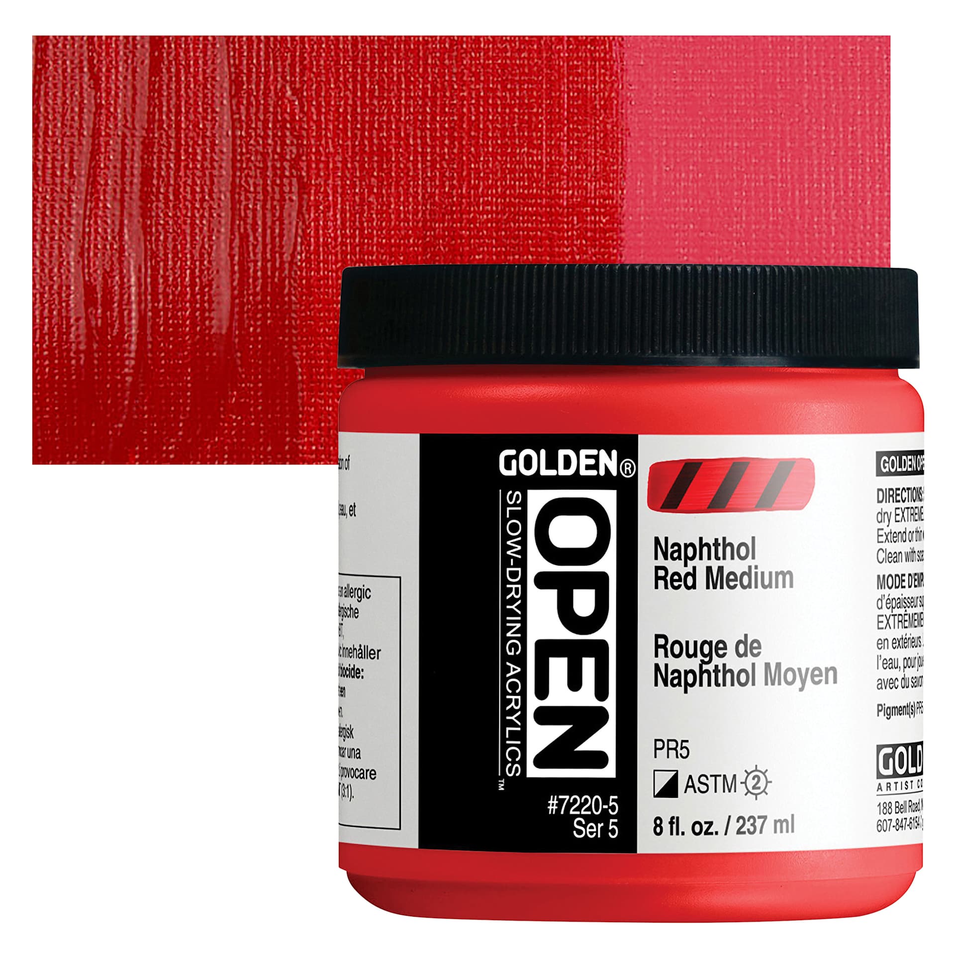 Golden Open Acrylic - Naphthol Red Medium, 8 oz Jar and swatch