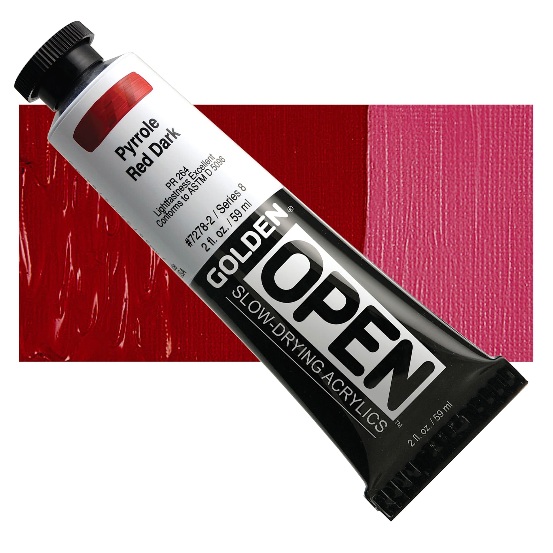 Golden Open Acrylic - Pyrrole Red Dark, 2 oz Tube and swatch