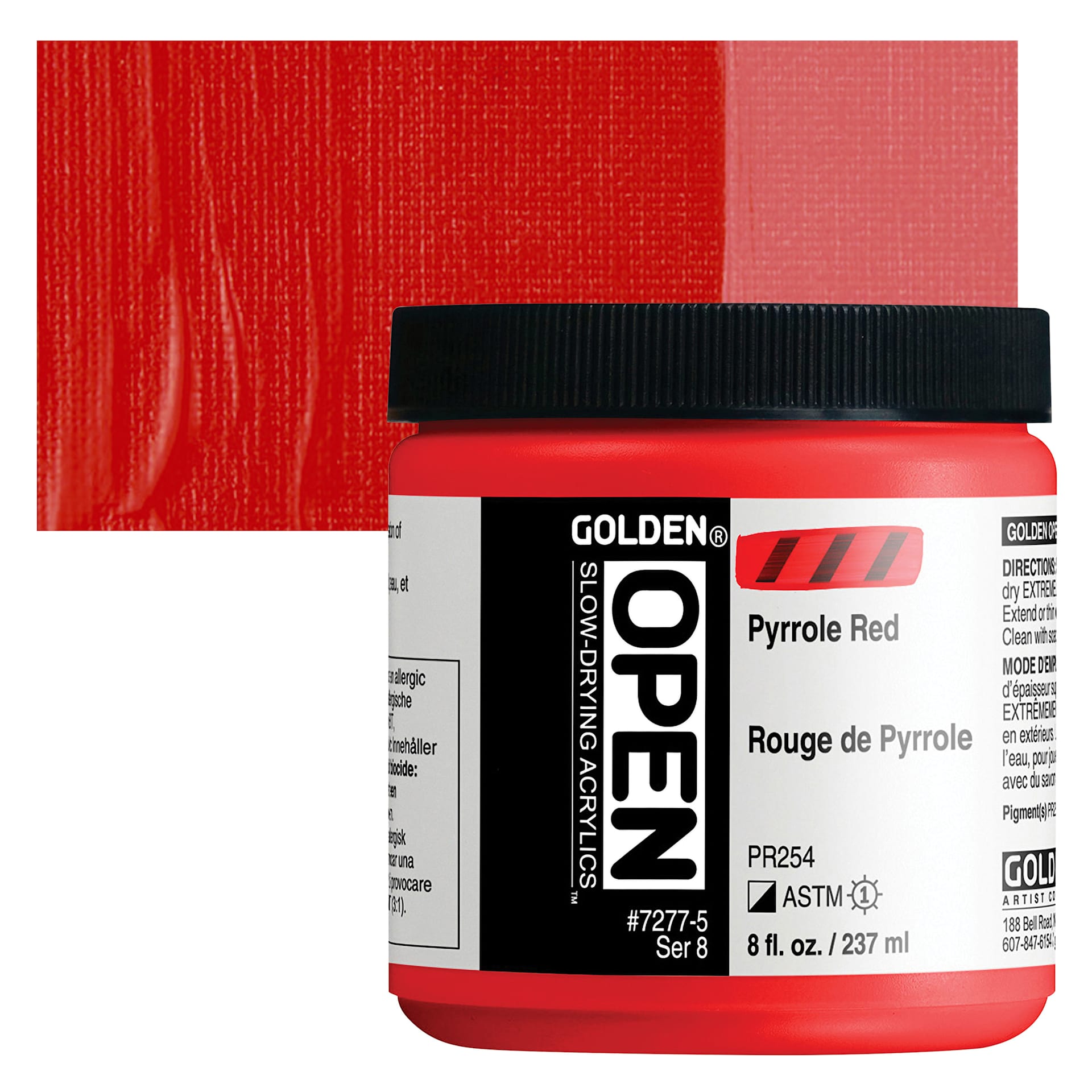 Golden Open Acrylic - Pyrrole Red, 8 oz Jar and swatch
