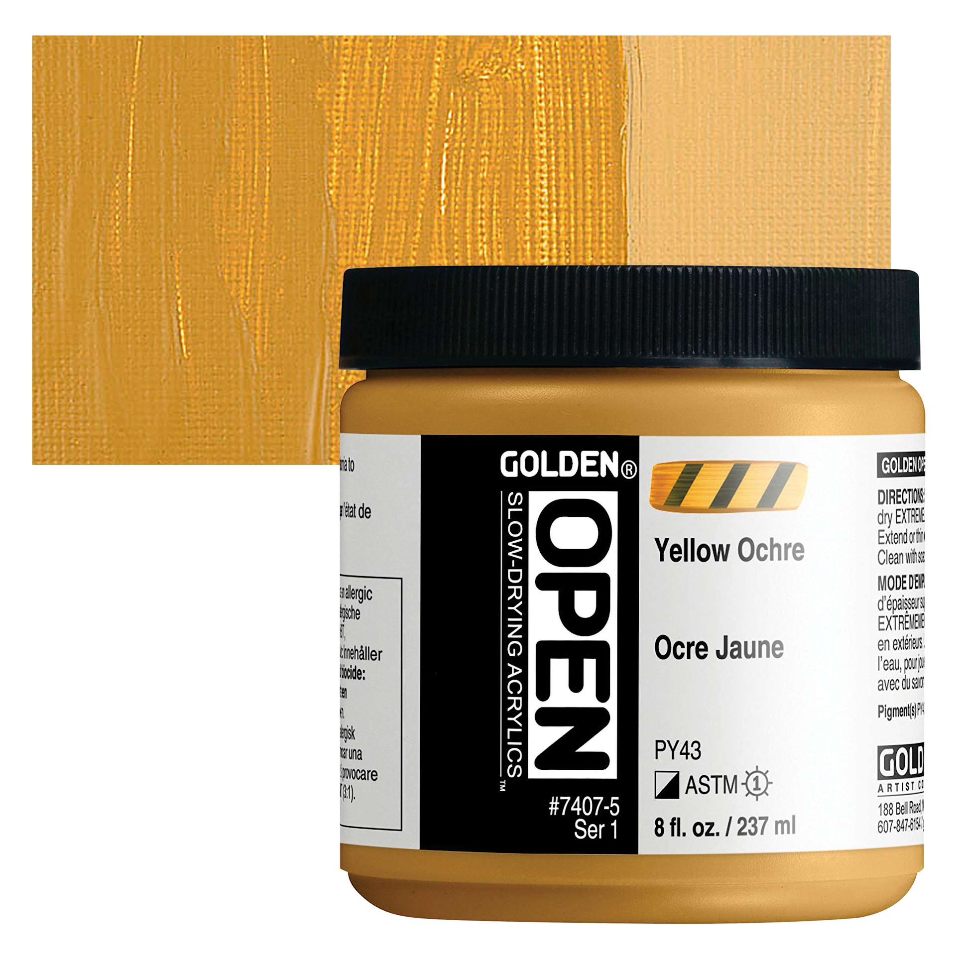Golden Open Acrylic - Yellow Ochre, 8 oz Jar and swatch
