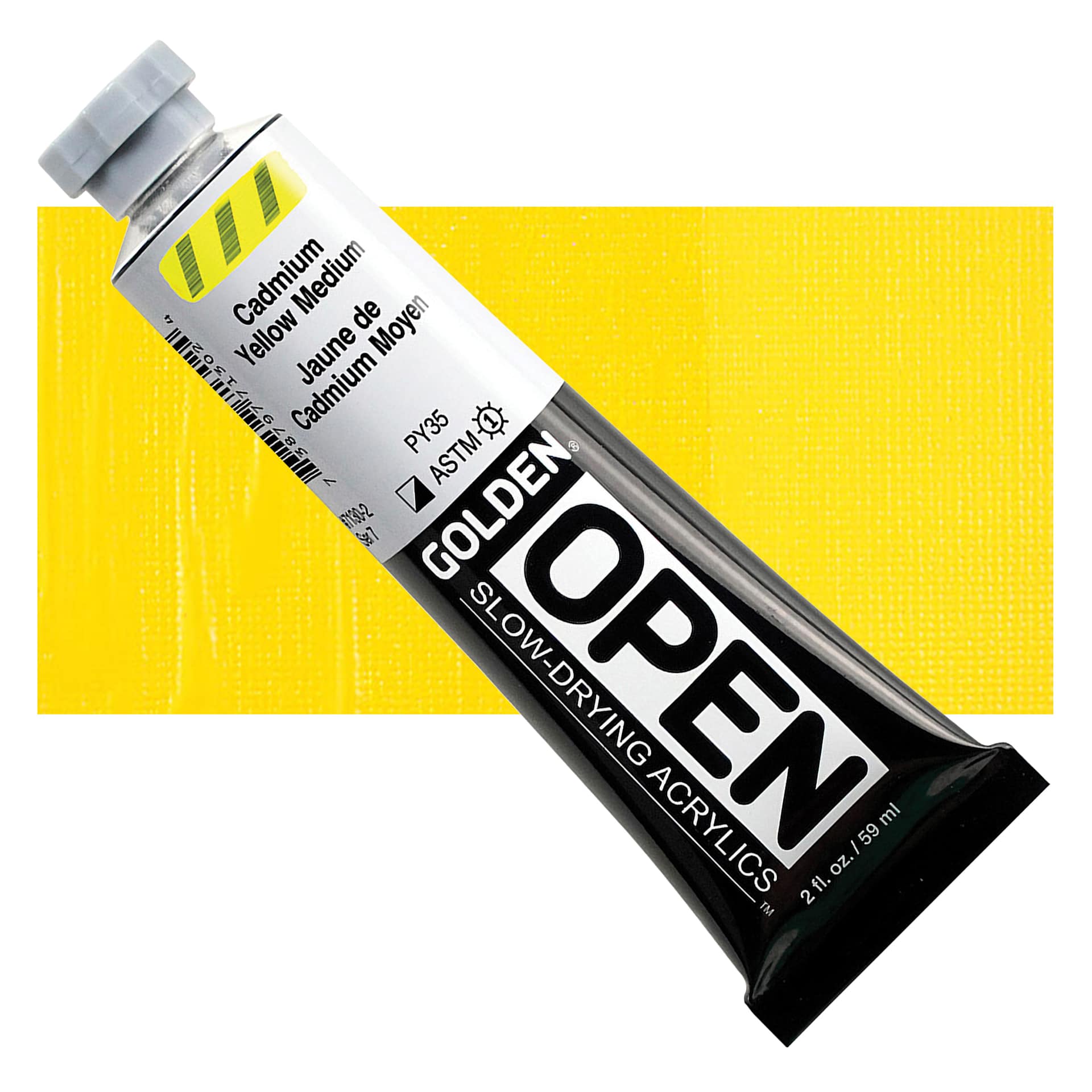 Golden Open Acrylic - Cadmium Yellow Medium, 2 oz Tube and swatch