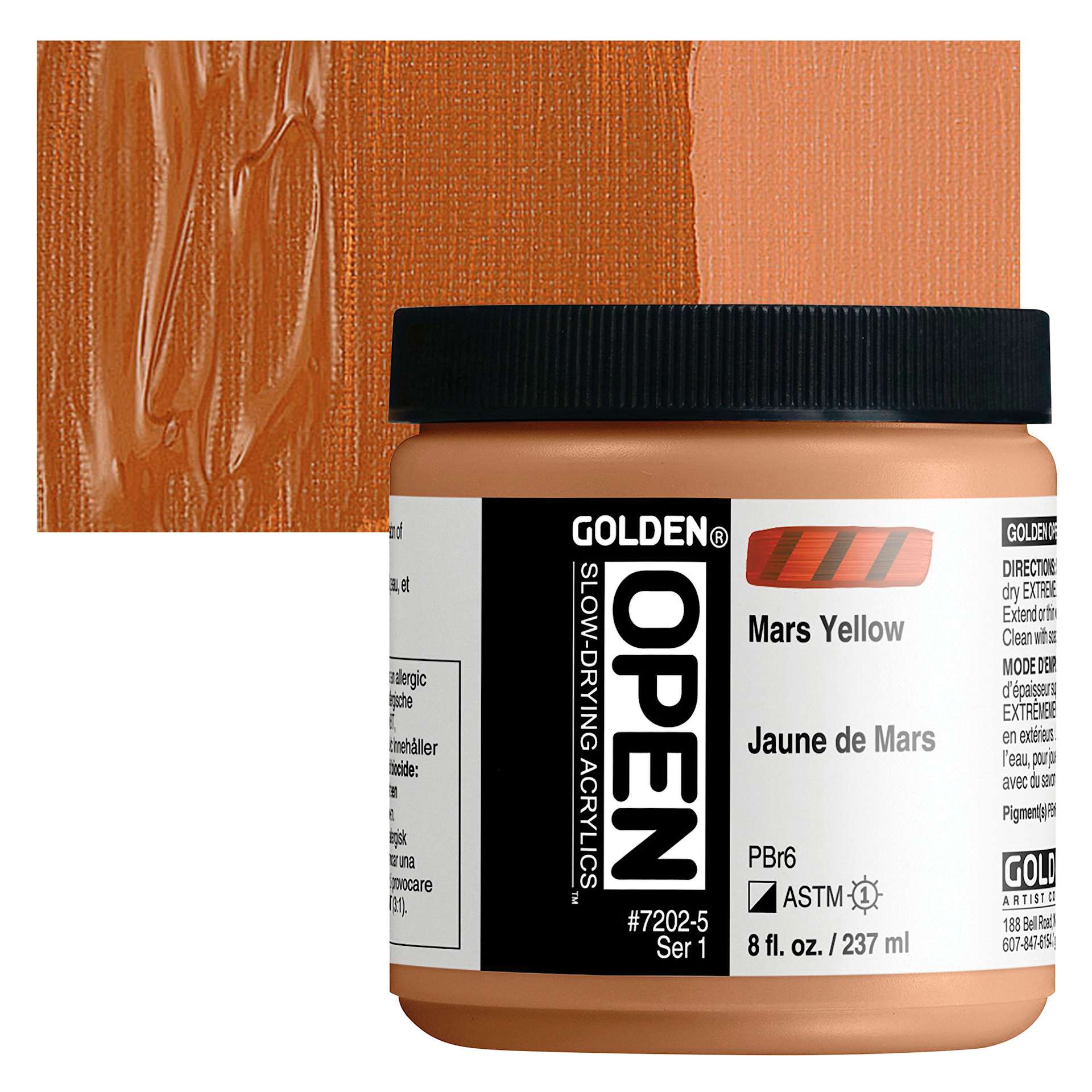 Golden Open Acrylic - Mars Yellow, 8 oz Jar and swatch