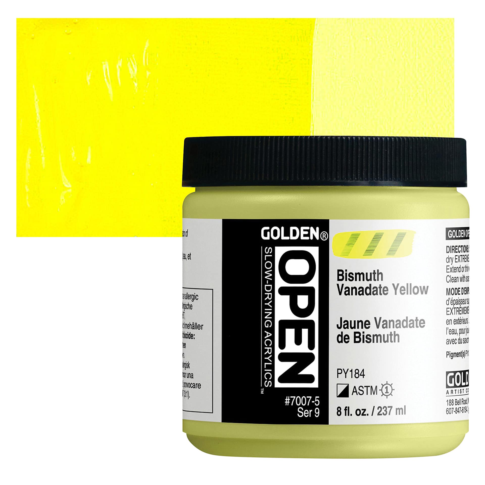 Golden Open Acrylic - Bismuth Vanadate Yellow, 8 oz Jar and swatch