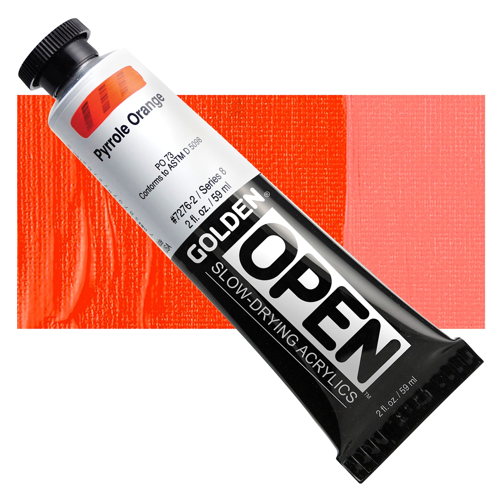 Golden Open Acrylic - Pyrrole Orange, 2 oz Tube and swatch