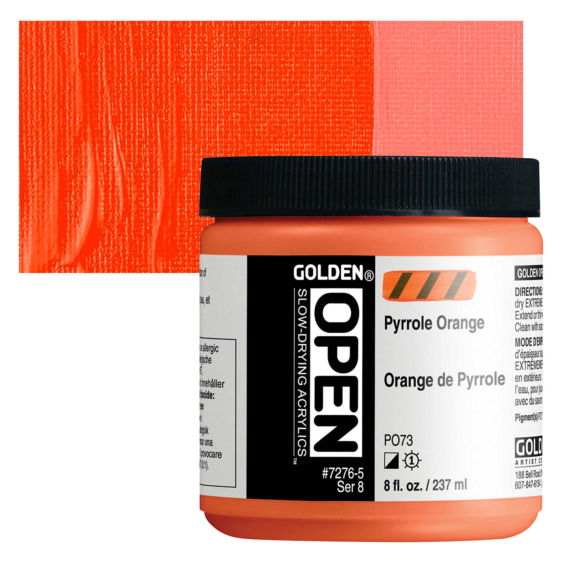Golden Open Acrylic - Pyrrole Orange, 8 oz Jar and swatch