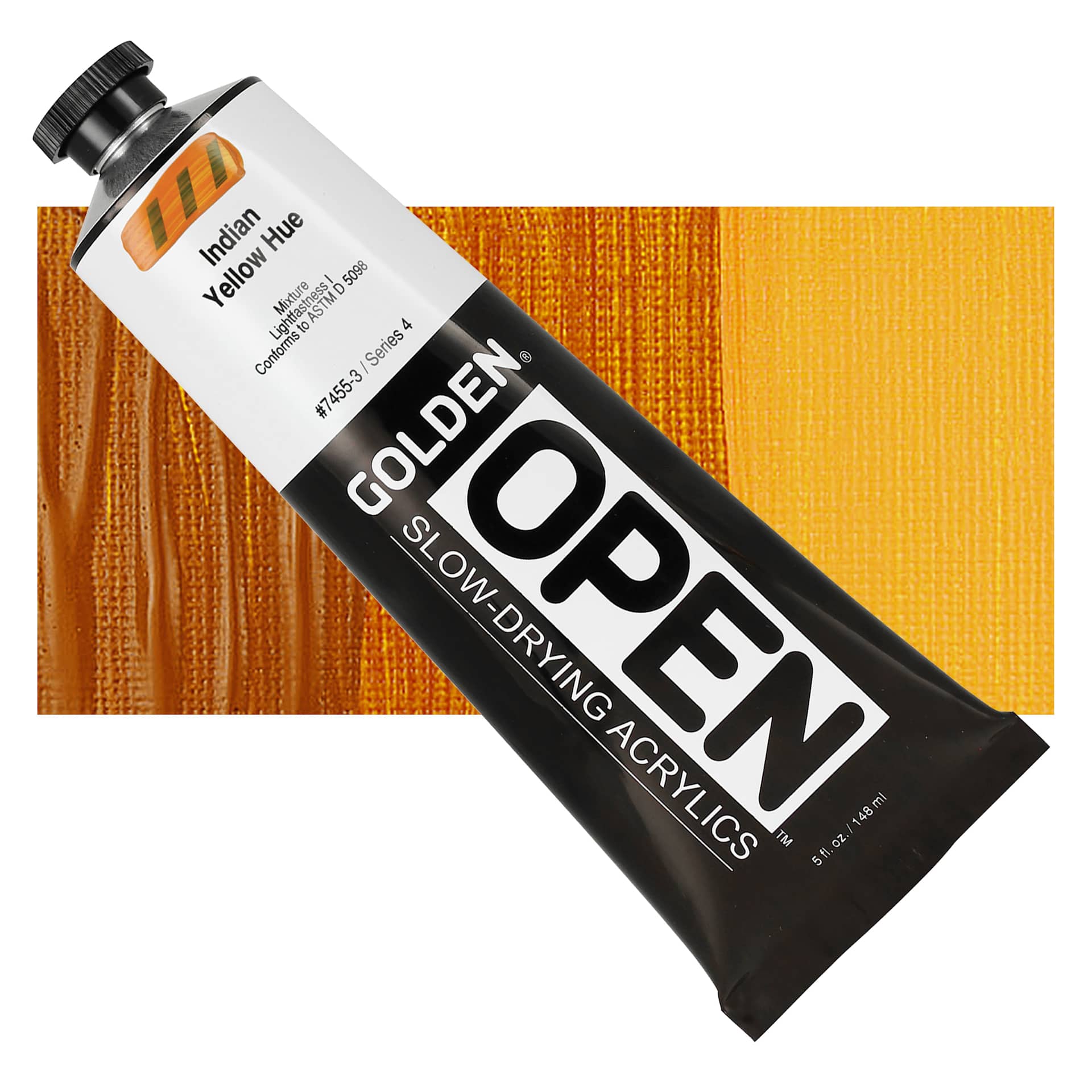 Golden Open Acrylic - Indian Yellow Hue, 5 oz Tube and swatch