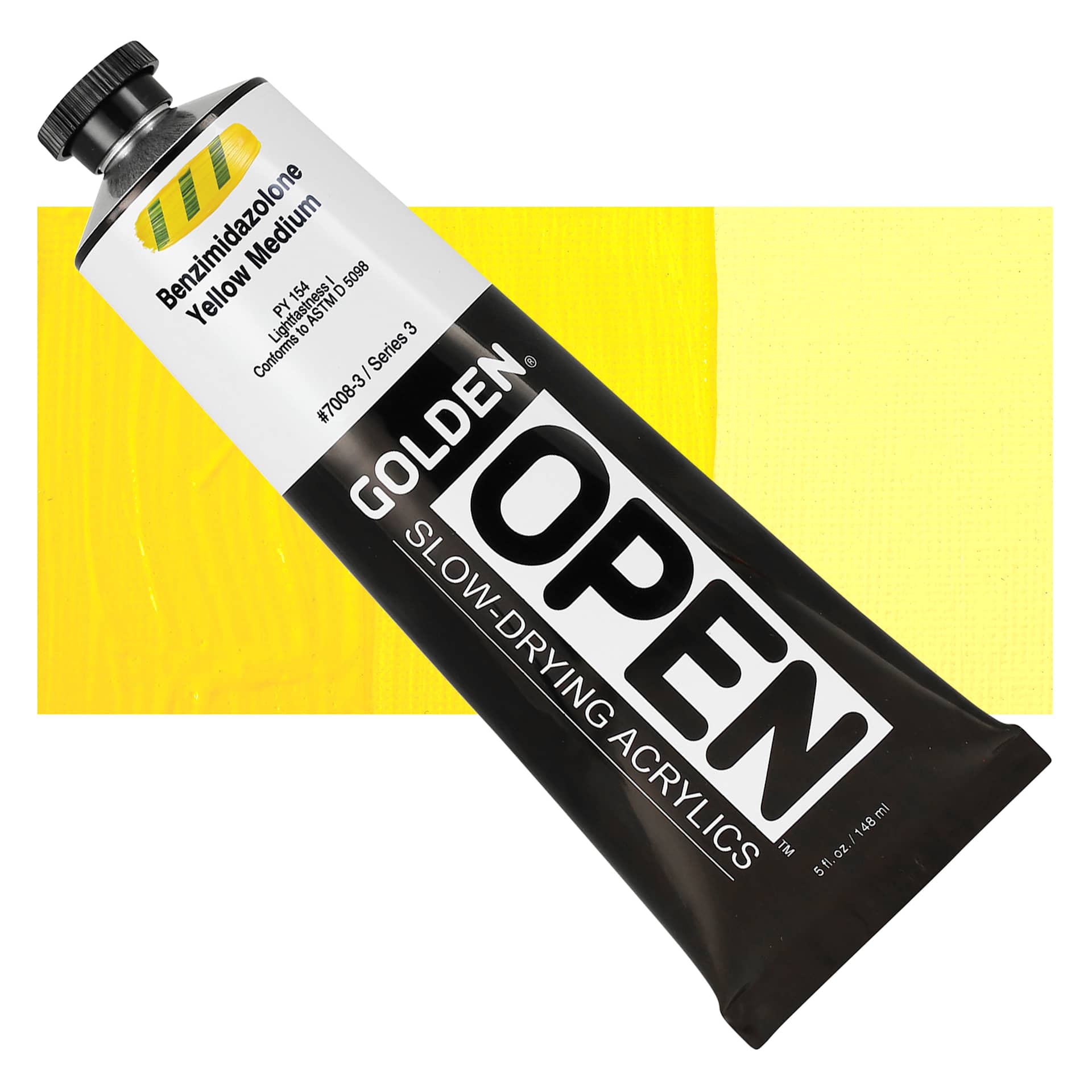 Golden Open Acrylic - Benzimidazolone Yellow Medium, 5 oz Tube and swatch