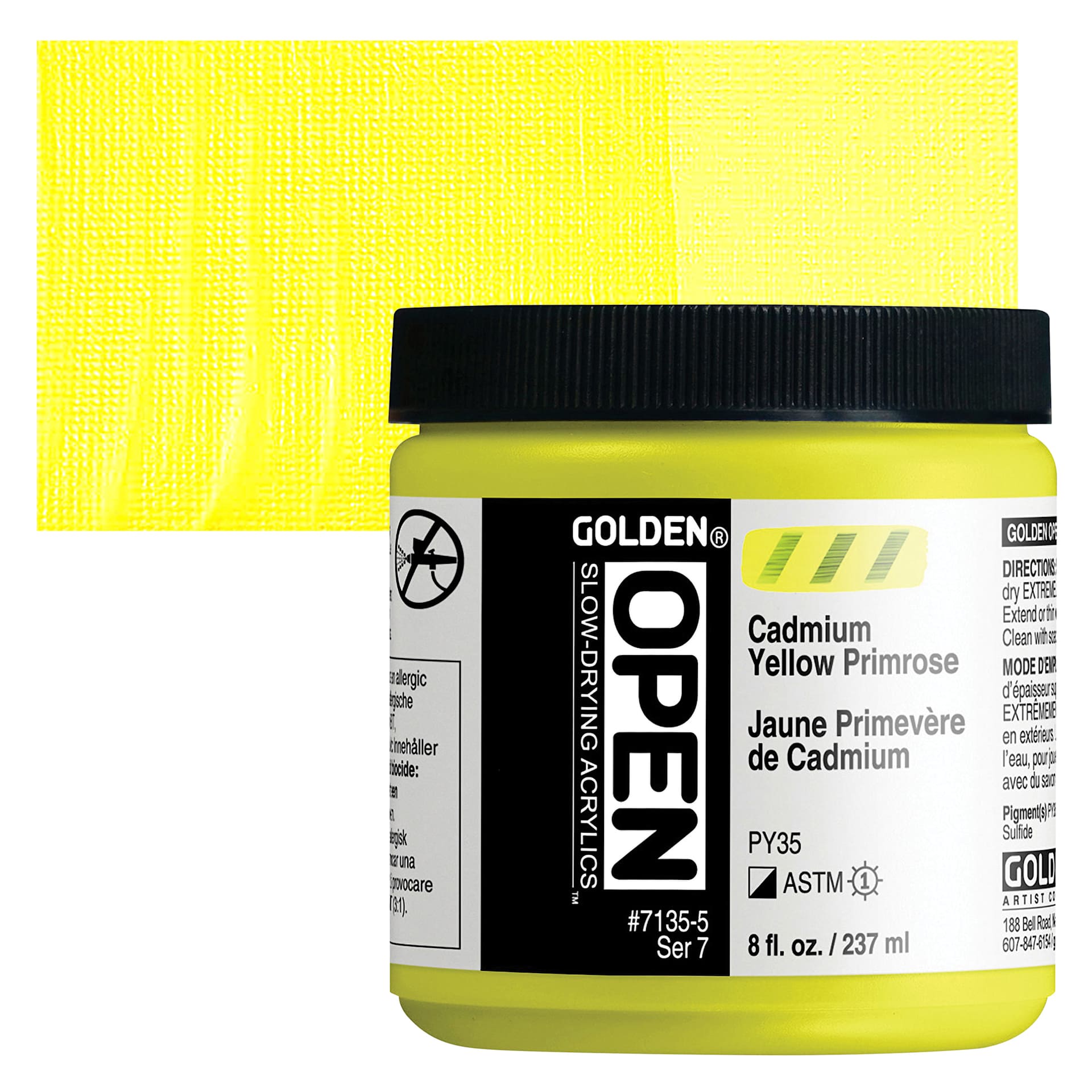 Golden Open Acrylic - Cadmium Yellow Primrose, 8 oz Jar and swatch
