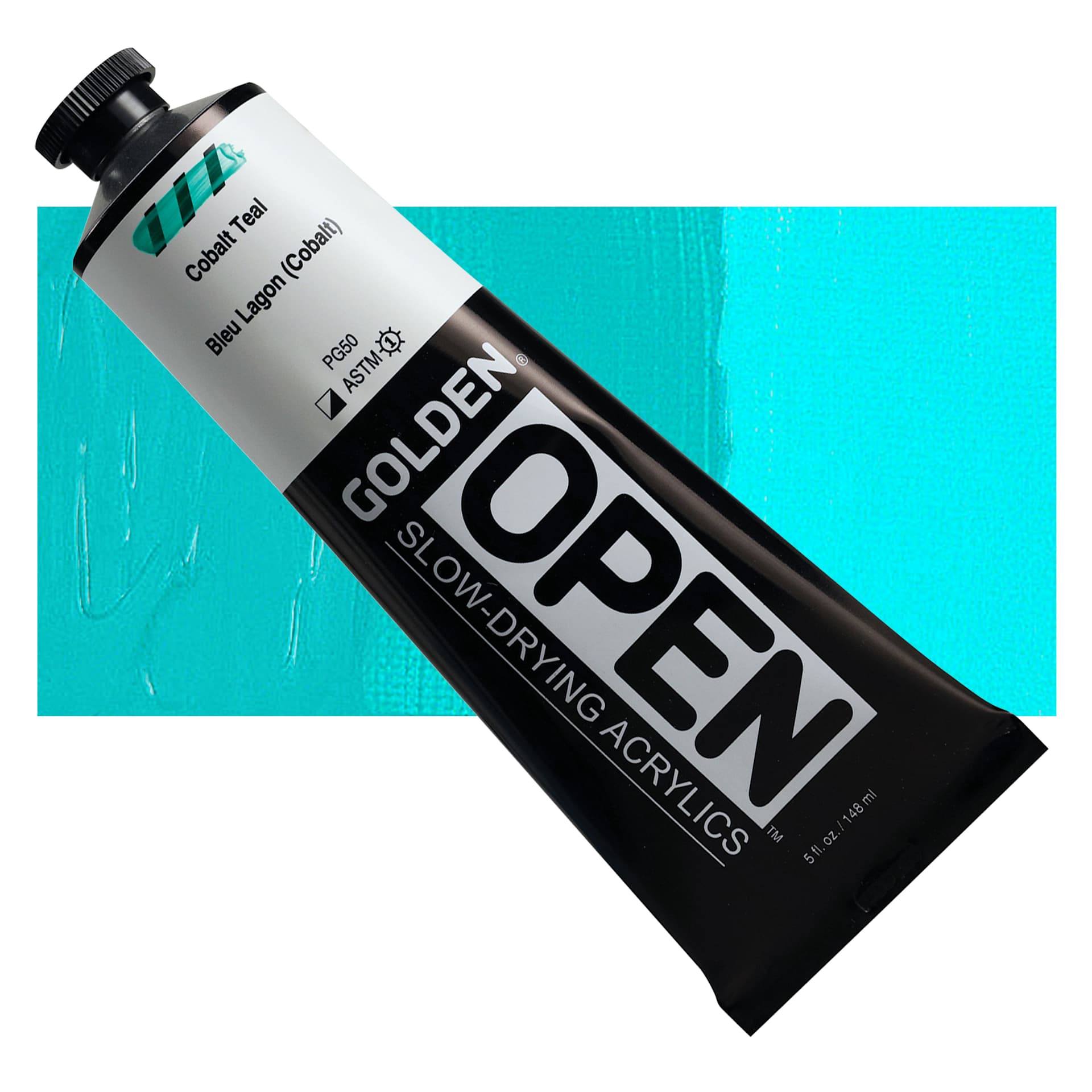 Golden Open Acrylics - Cobalt Teal, 5 oz Tube and swatch