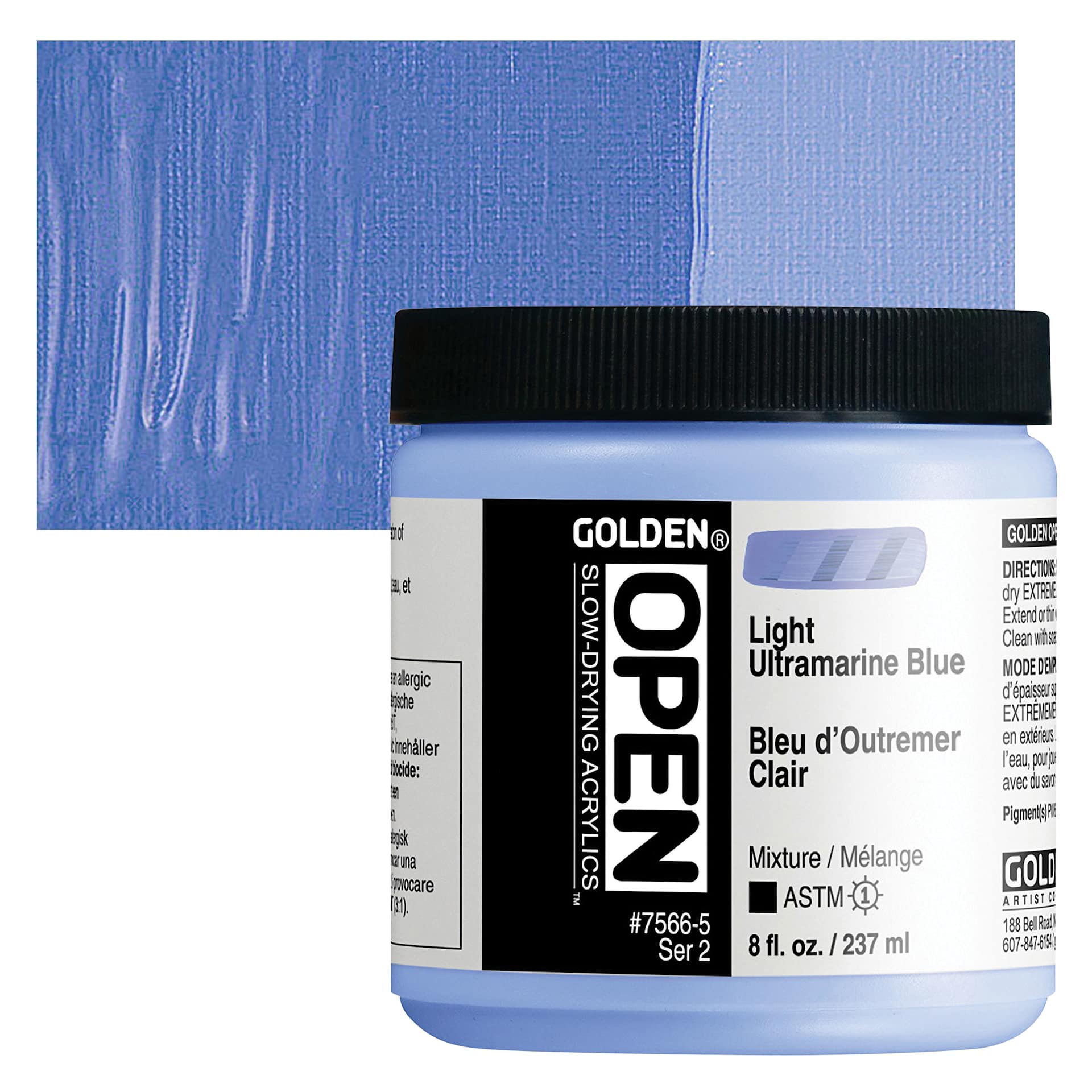 Golden Open Acrylic - Light Ultramarine Blue, 8 oz Jar and swatch