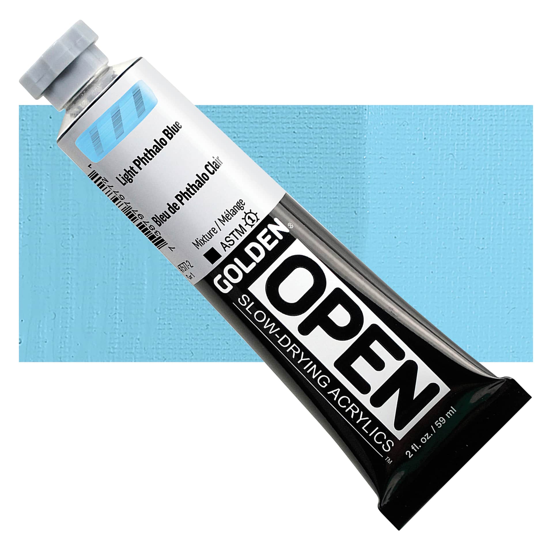 Golden Open Acrylics - Light Phthalo Blue, 2 oz Tube and swatch
