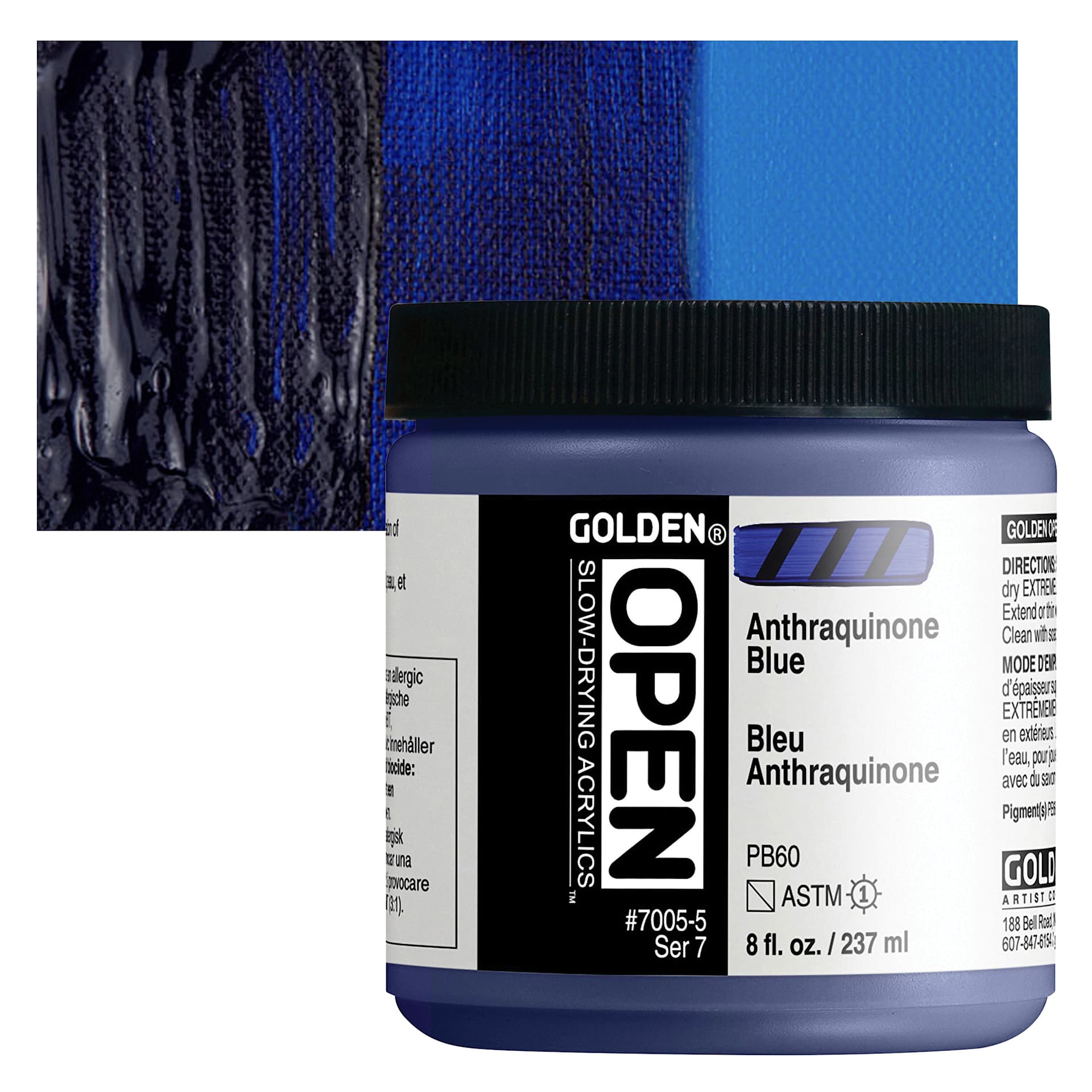 Golden Open Acrylic - Anthraquinone Blue, 8 oz Jar and swatch