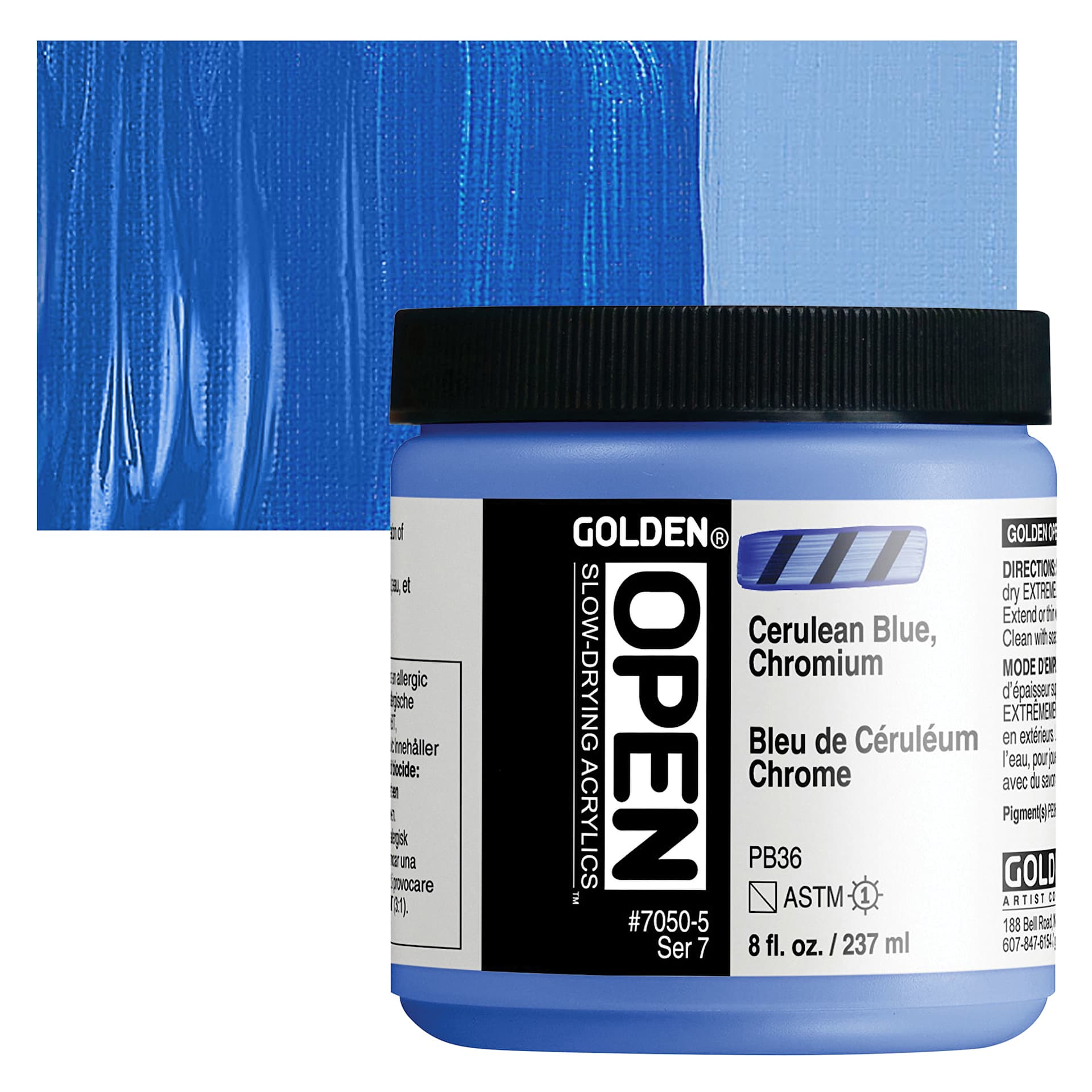 Golden Open Acrylic - Cerulean Blue Chromium, 8 oz Jar and swatch