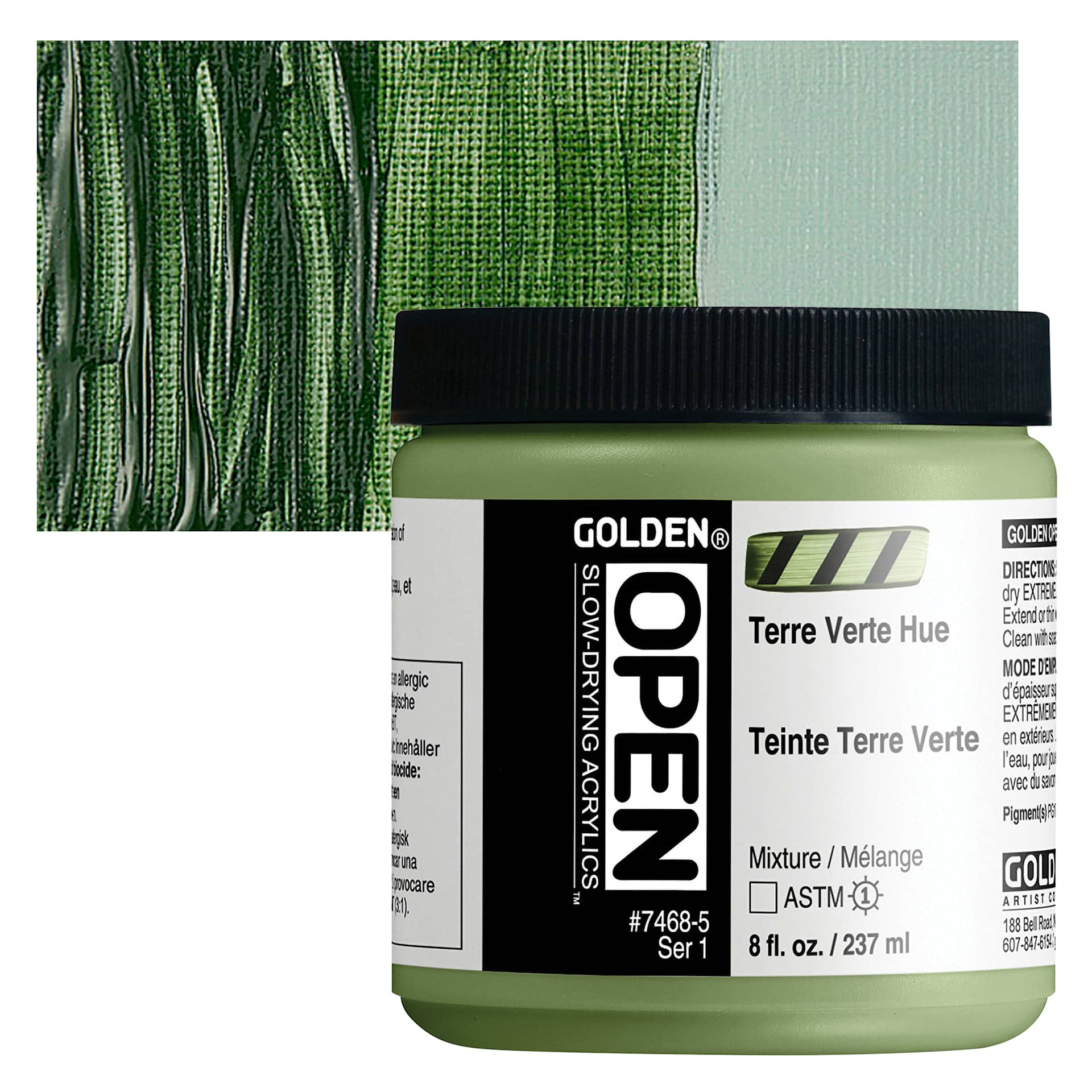 Golden Open Acrylic - Terre Verte Hue, 8 oz Jar and swatch